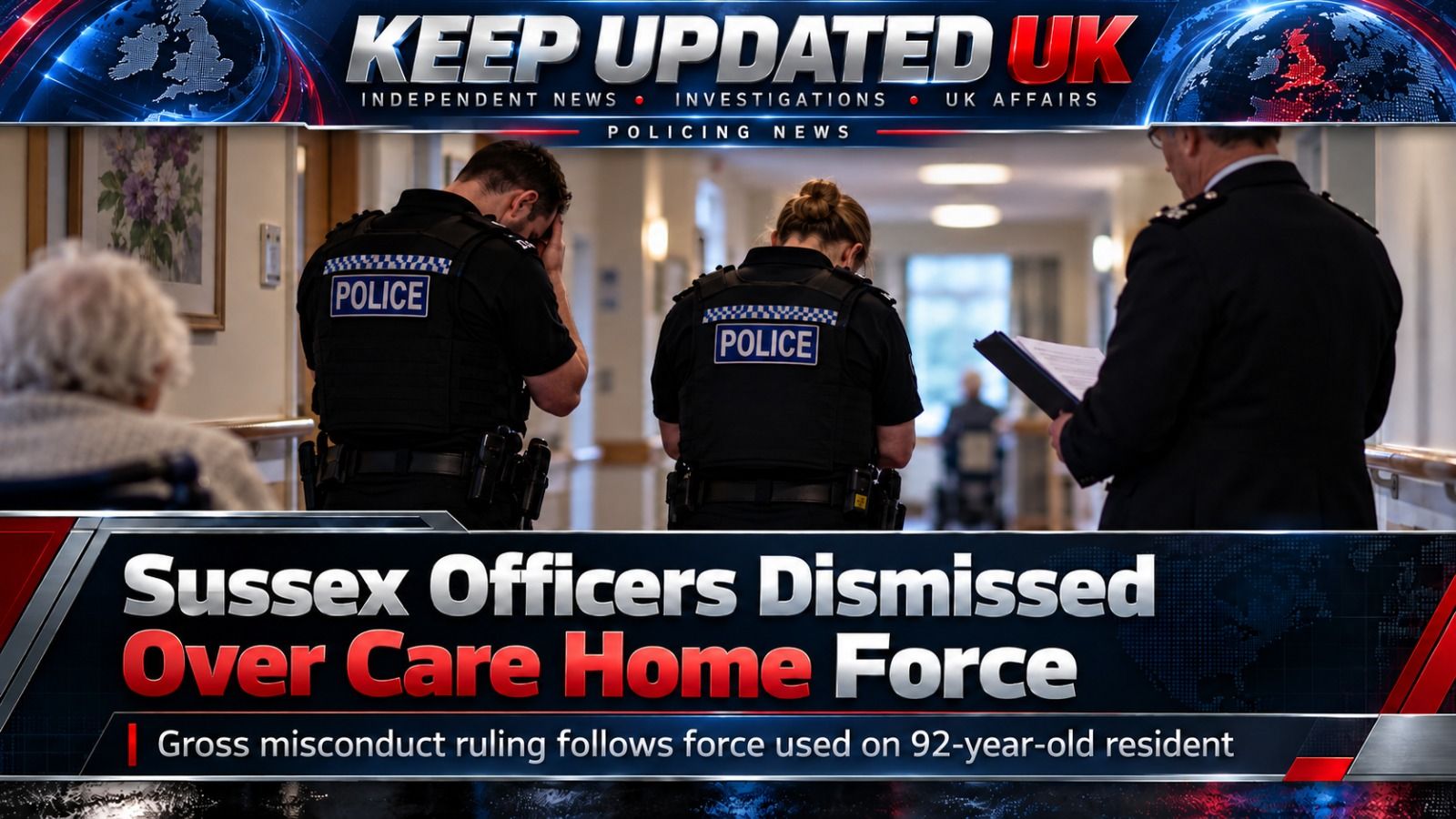 Respectful illustration of a care-home corridor and an empty wheelchair for an article about police misconduct findings.