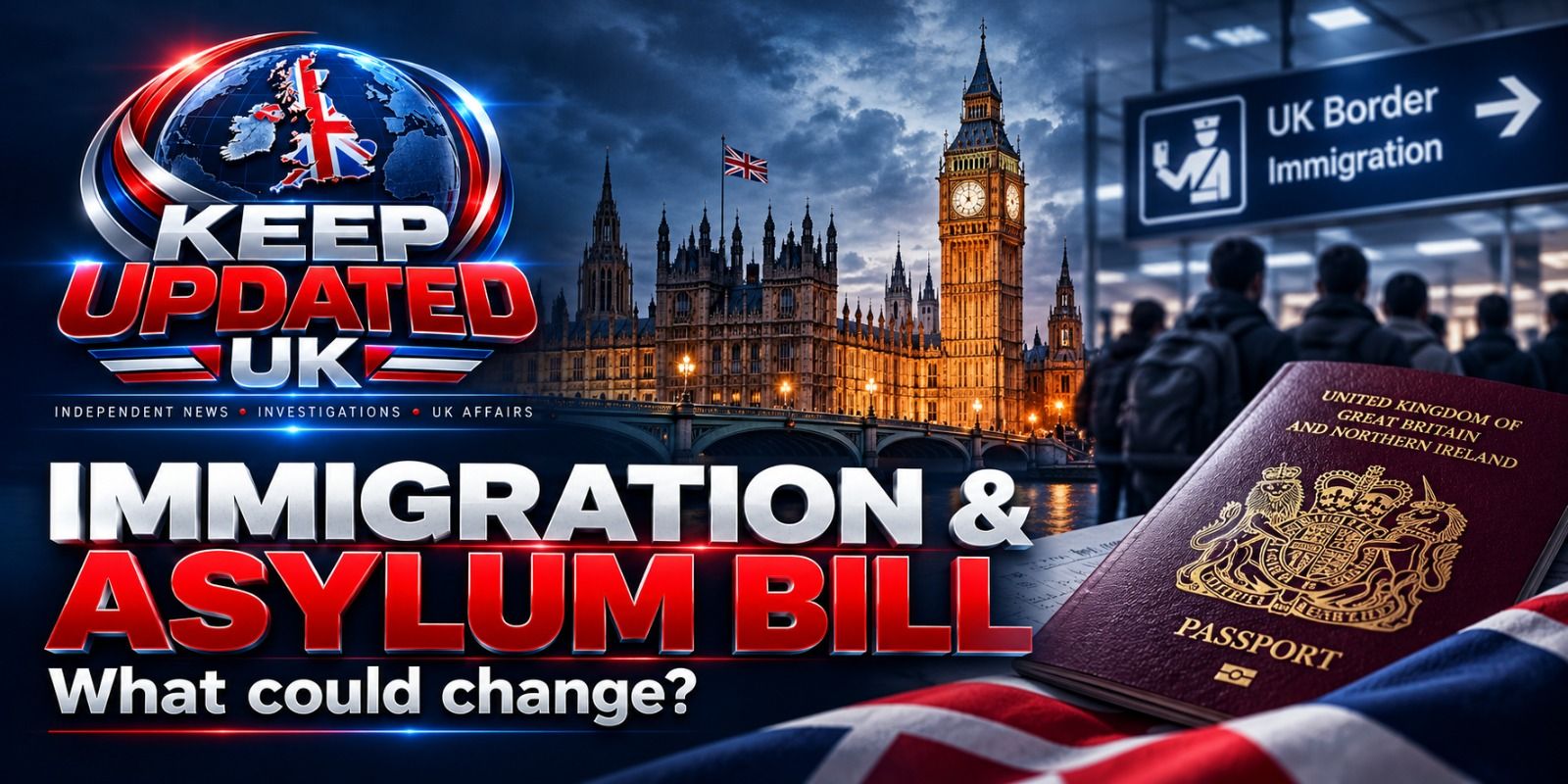 Illustration: the Houses of Parliament, a UK passport and a border sign, with the text ‘Immigration & Asylum Bill — what could change?’