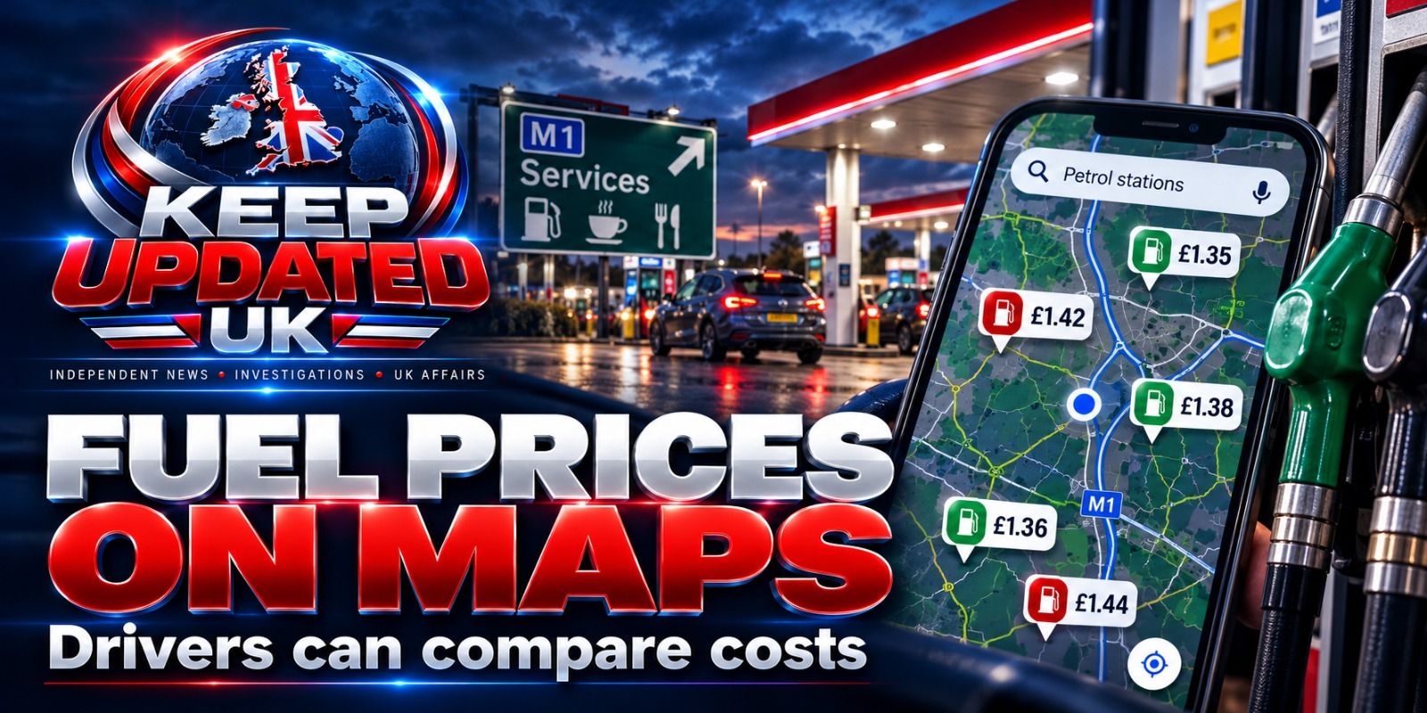 Illustration: a petrol station and a phone map showing fuel prices, with the text ‘Fuel prices on maps — drivers can compare costs’