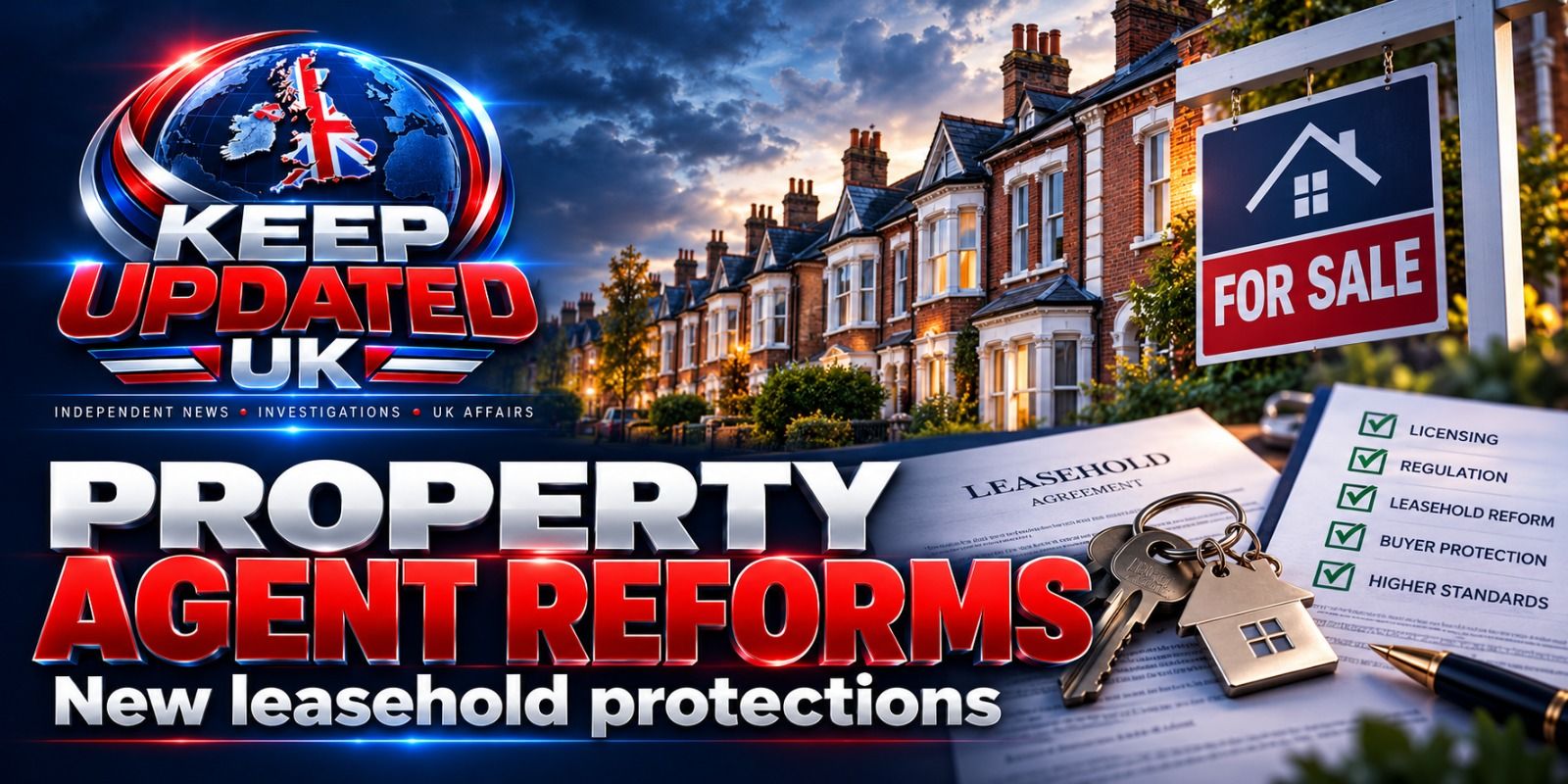 Illustration: terraced homes, a For Sale sign and a leasehold checklist, with the text ‘Property agent reforms — new leasehold protections’