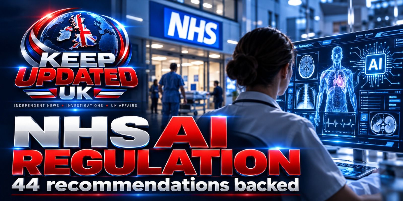 Illustration: a clinician using an AI medical display in an NHS hospital, with the text ‘NHS AI regulation — 44 recommendations backed’