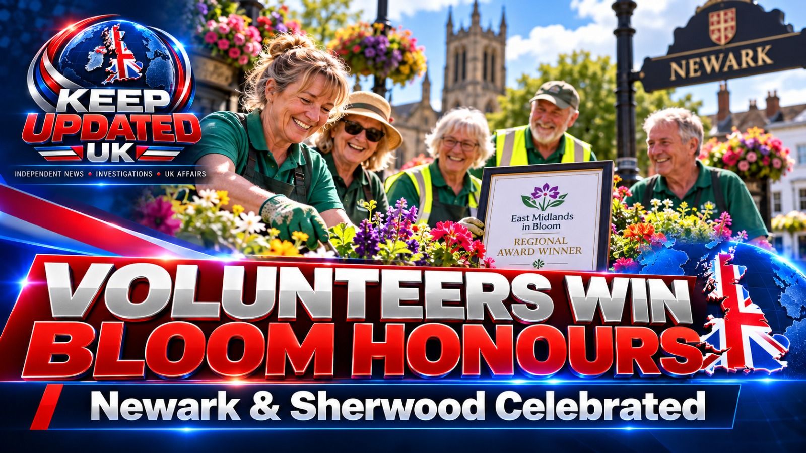 Illustration of volunteers maintaining flowers and green spaces in an English town.