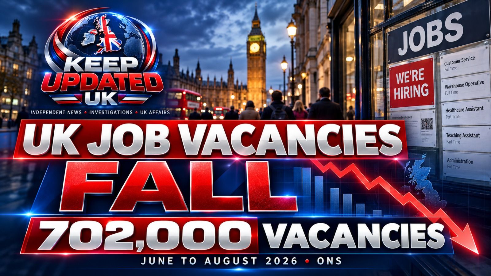Keep Updated UK employment news graphic illustrating an estimated 702,000 UK job vacancies in June to August 2026.
