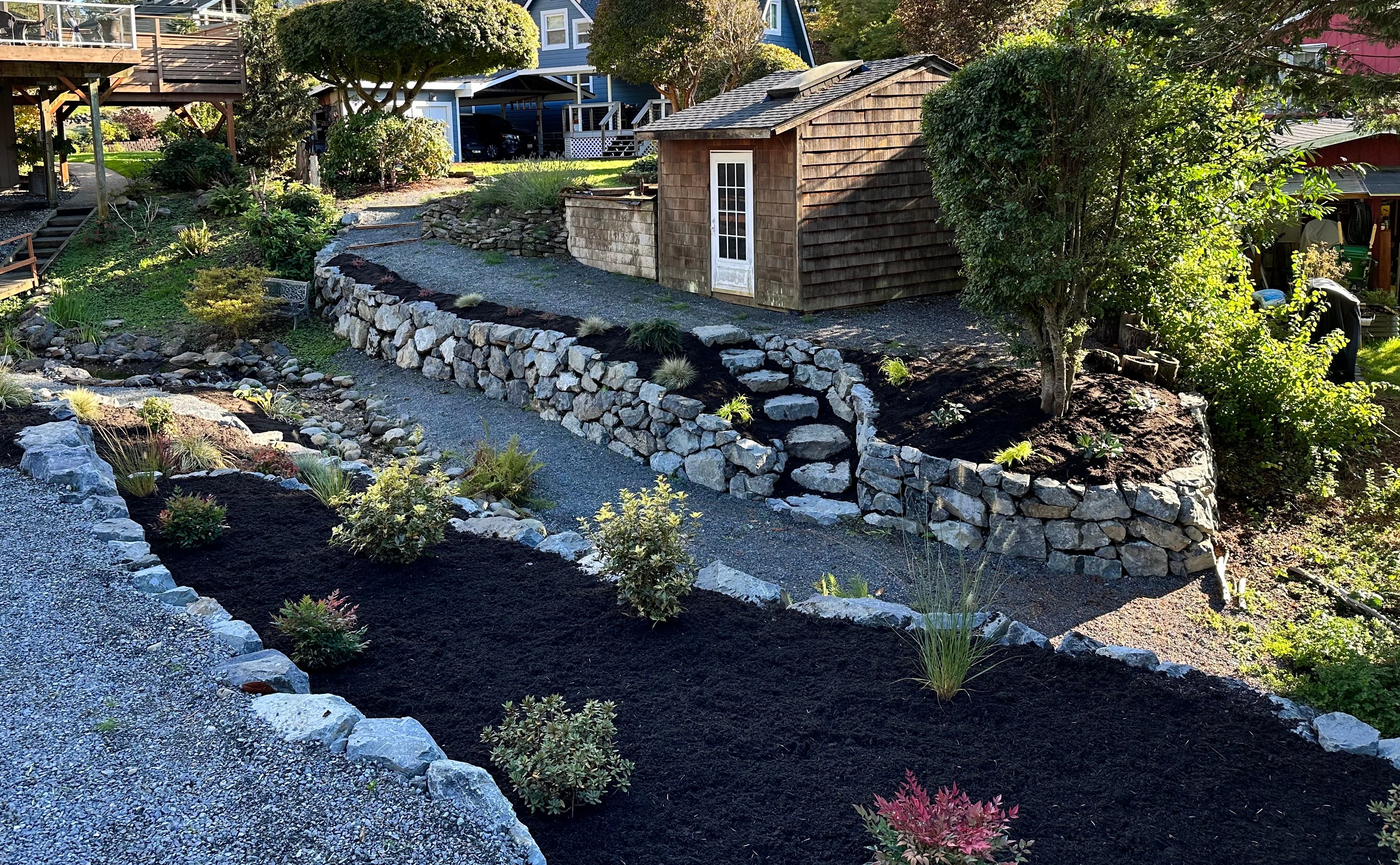 Block retaining wall with terraced landscaping