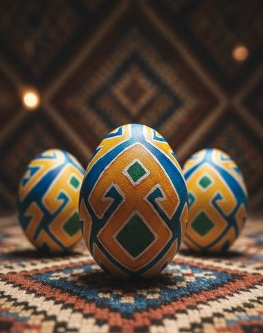 Kilim üzerinde mavi ve altın renkli geometrik motifli yumurtalar