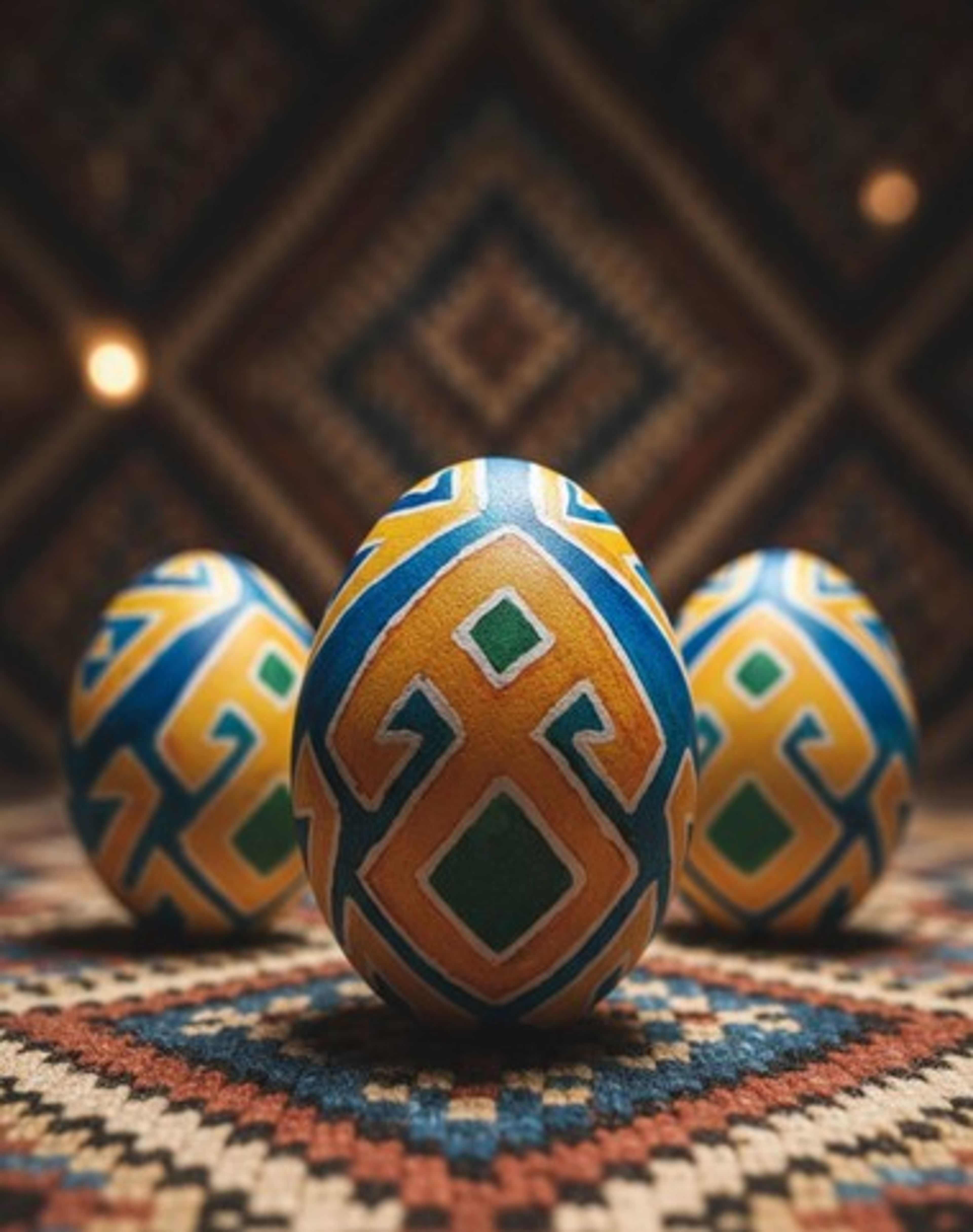 Kilim üzerinde mavi ve altın renkli geometrik motifli yumurtalar