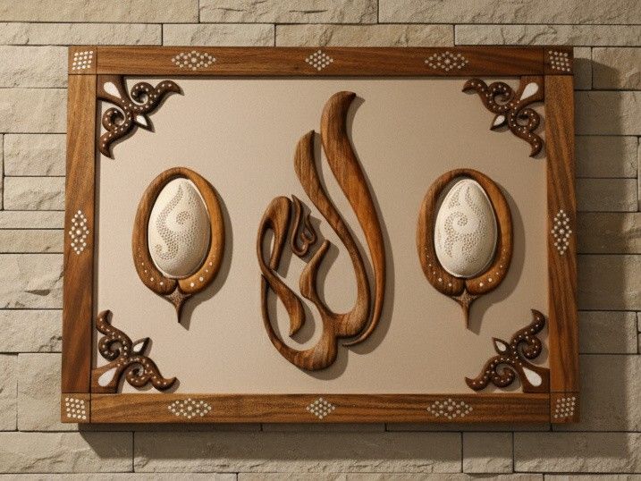 Harflerin içine yerleştirilmiş üç oyma yumurtayla "Allah" lafzı