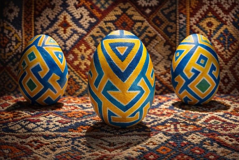Mavi ve altın kilim motifleriyle bezenmiş yumurtalar