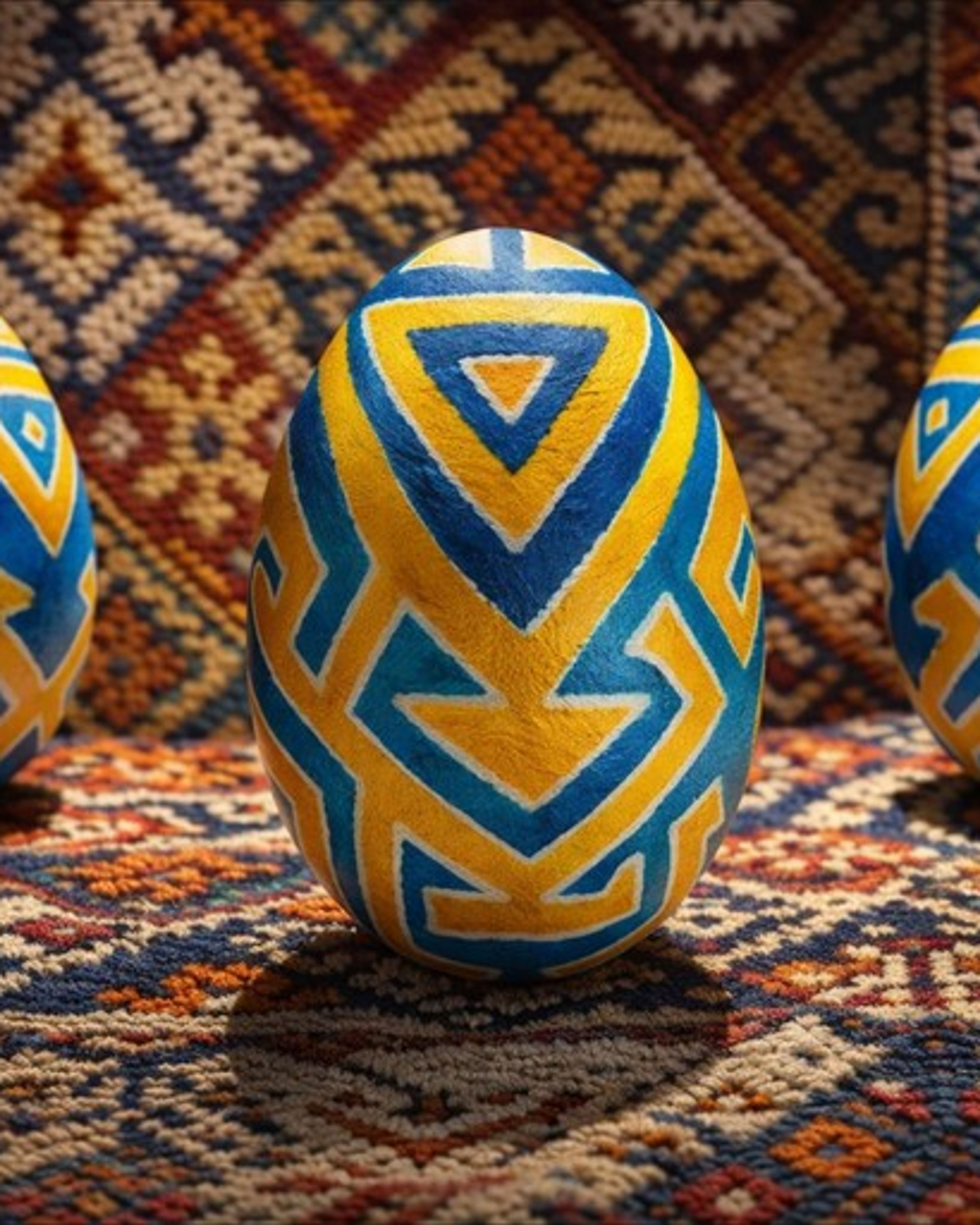 Mavi ve altın kilim motifleriyle bezenmiş yumurtalar