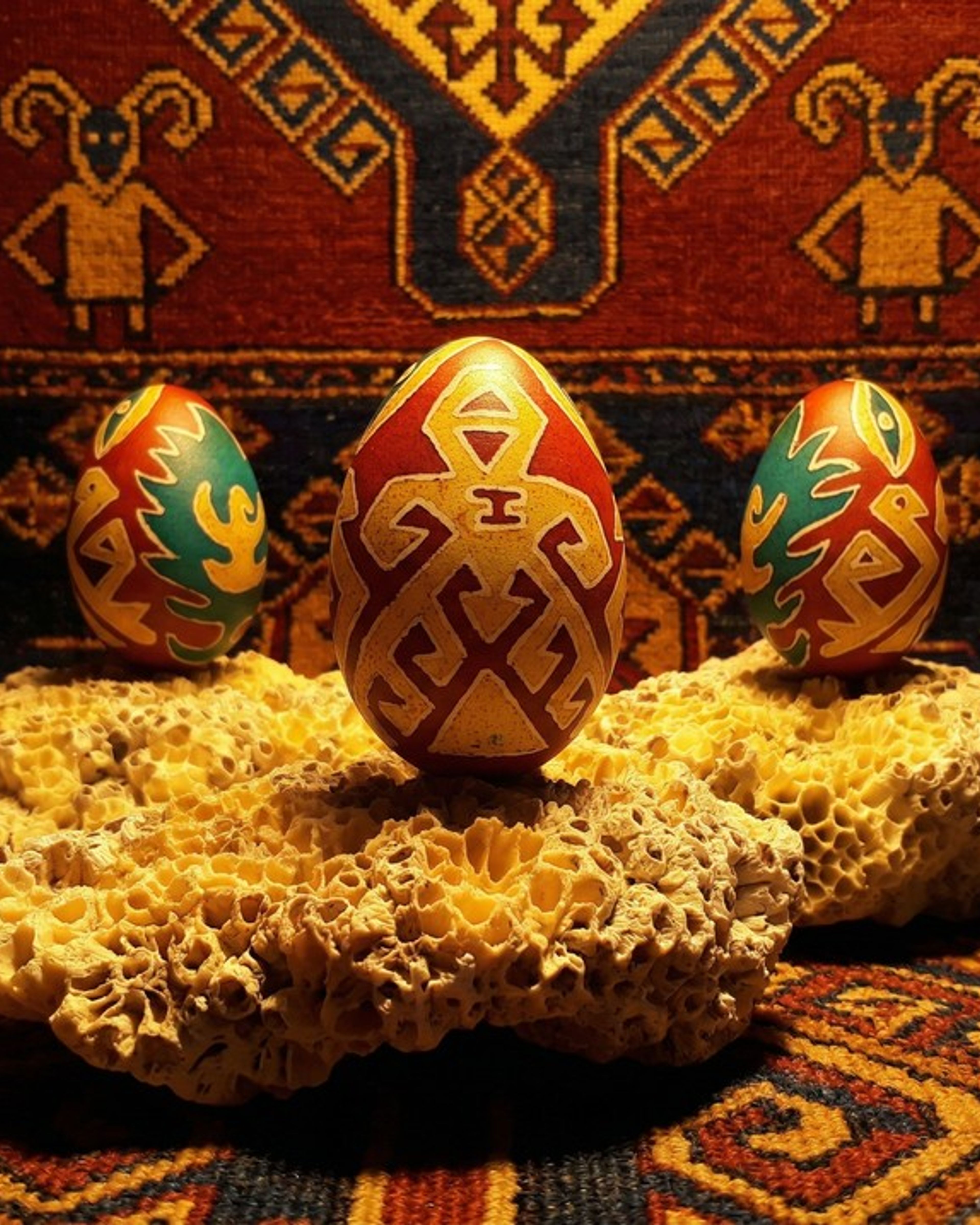 Kilim önünde turuncu ve mavi geometrik motifli yumurtalar