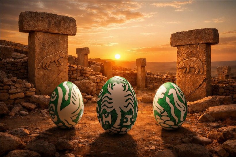 Gün batımında Göbeklitepe dikilitaşları arasında yeşil motifli yumurtalar