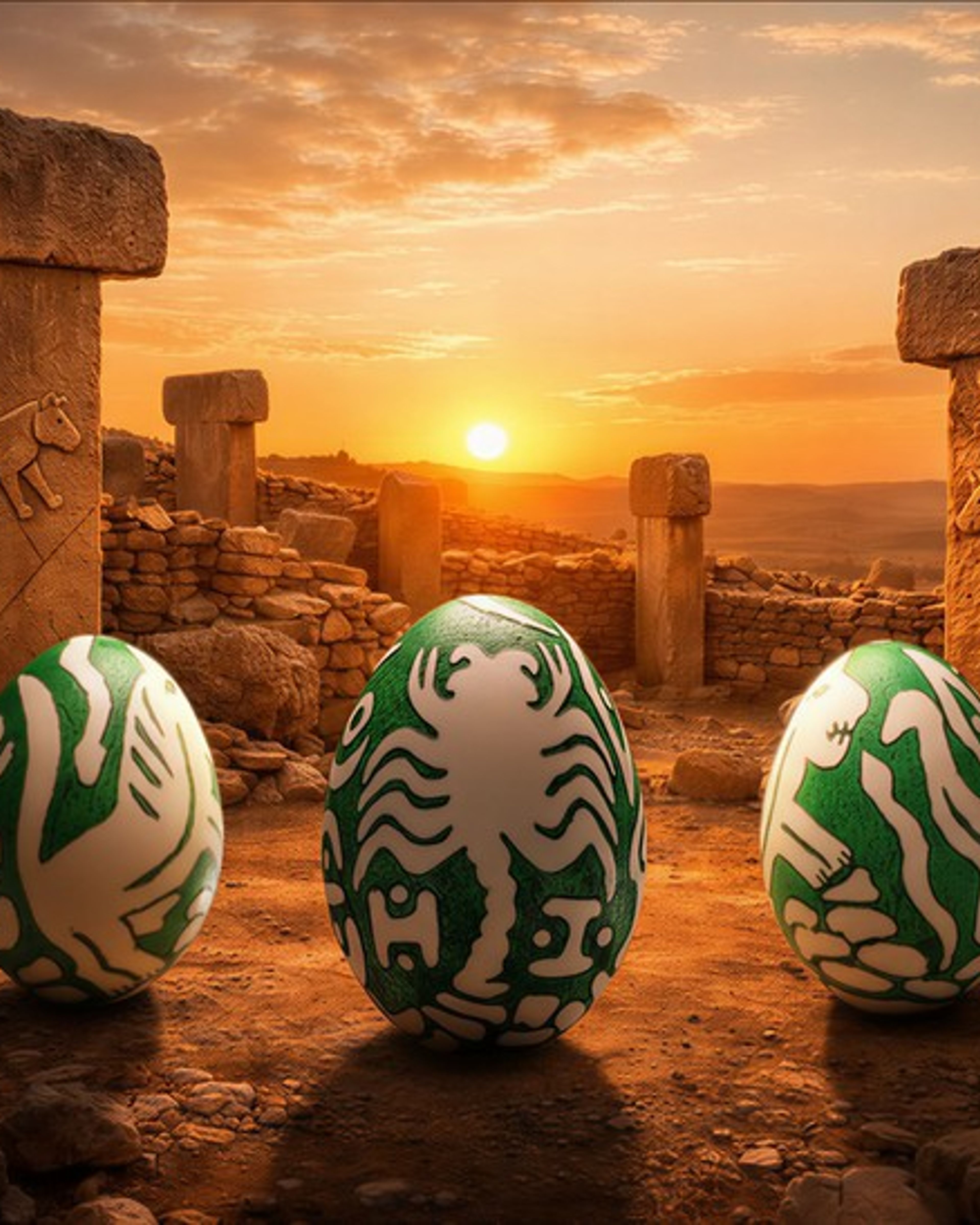Gün batımında Göbeklitepe dikilitaşları arasında yeşil motifli yumurtalar