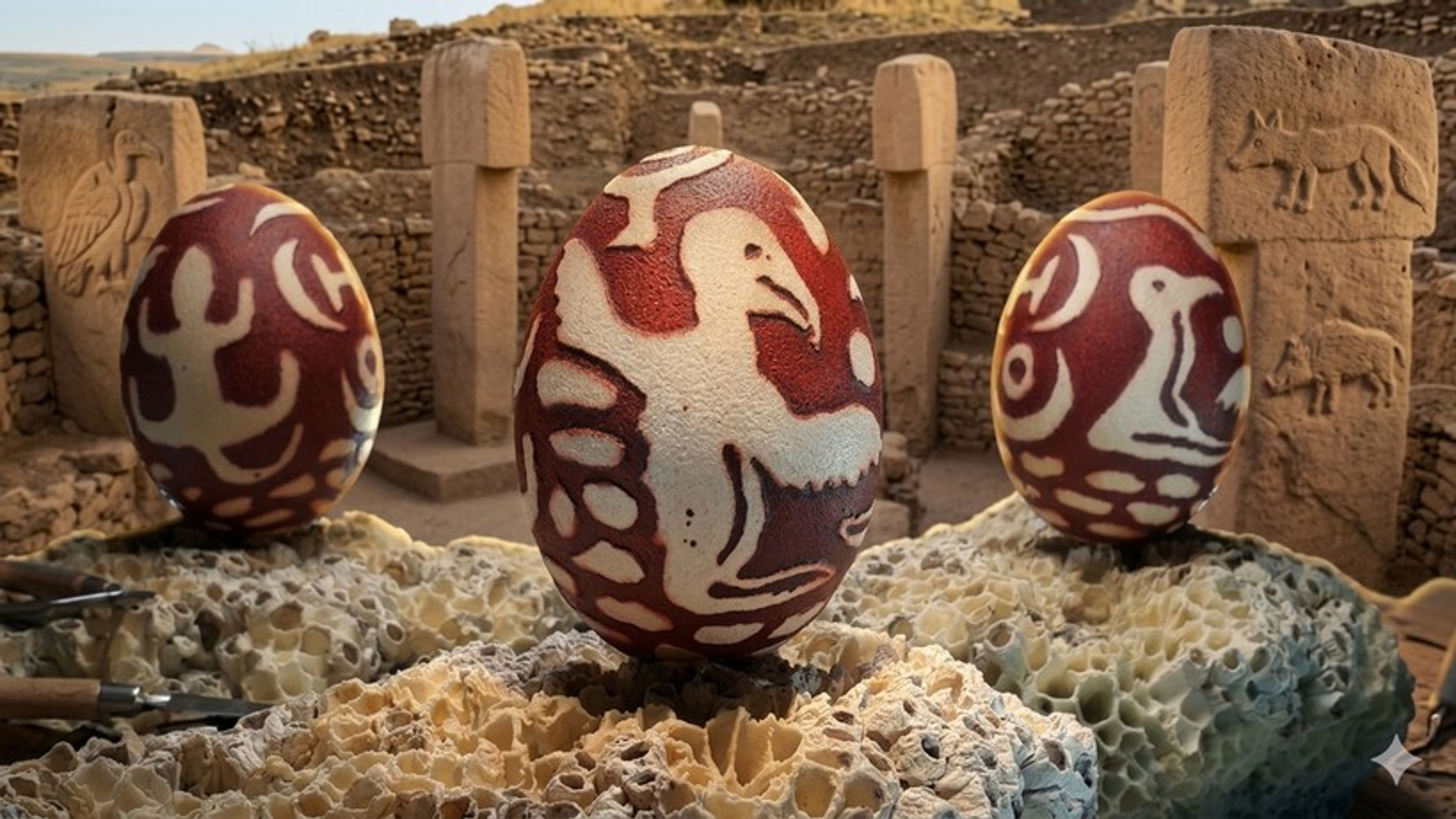Kırmızı hayvan figürlü, Göbeklitepe motifli yumurtalar