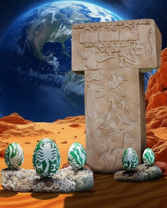 T biçimli Göbeklitepe sütunu önünde motifli yumurtalar
