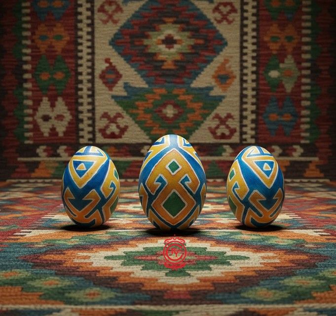 Kilim dokusu önünde kilim motifli üç yumurta