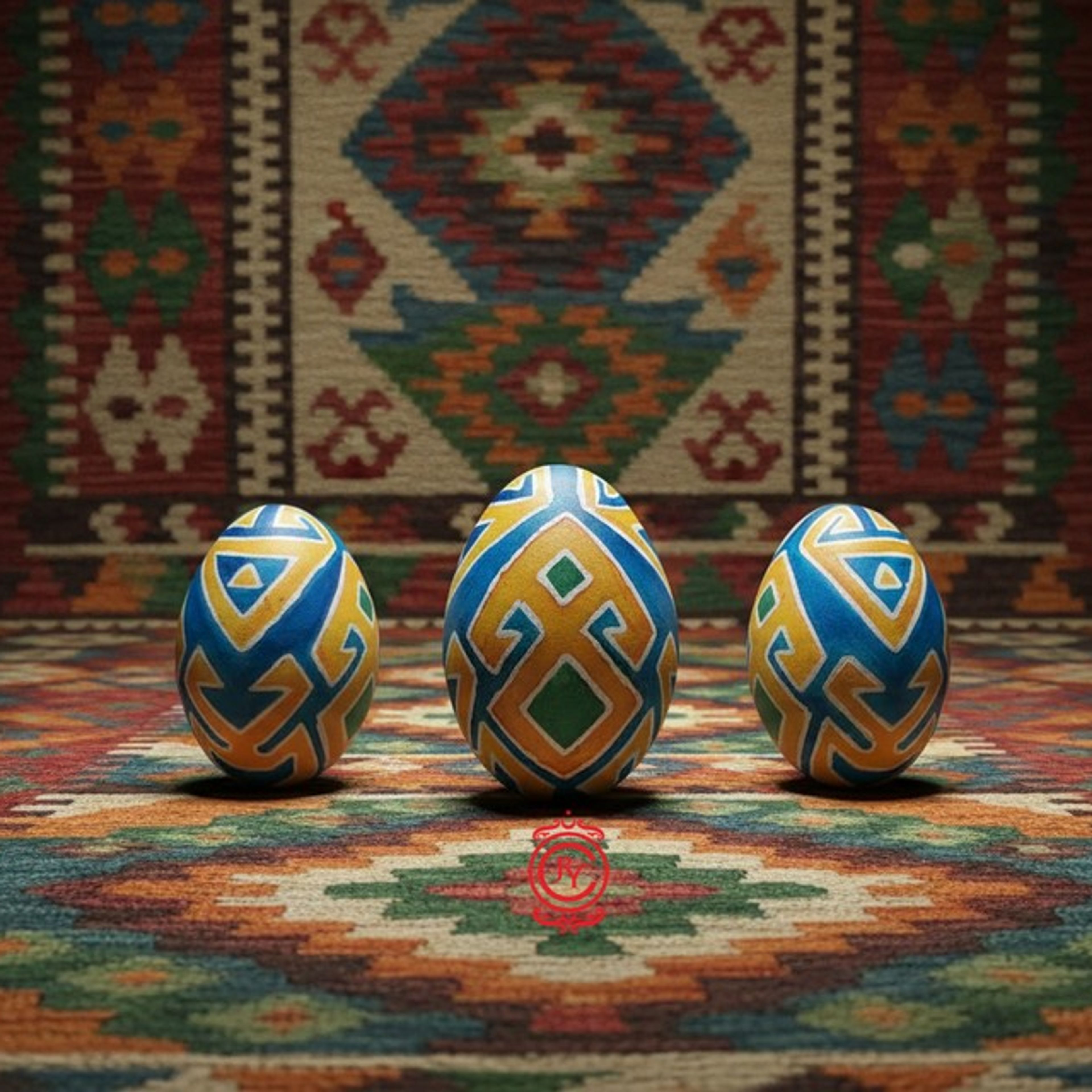 Kilim dokusu önünde kilim motifli üç yumurta
