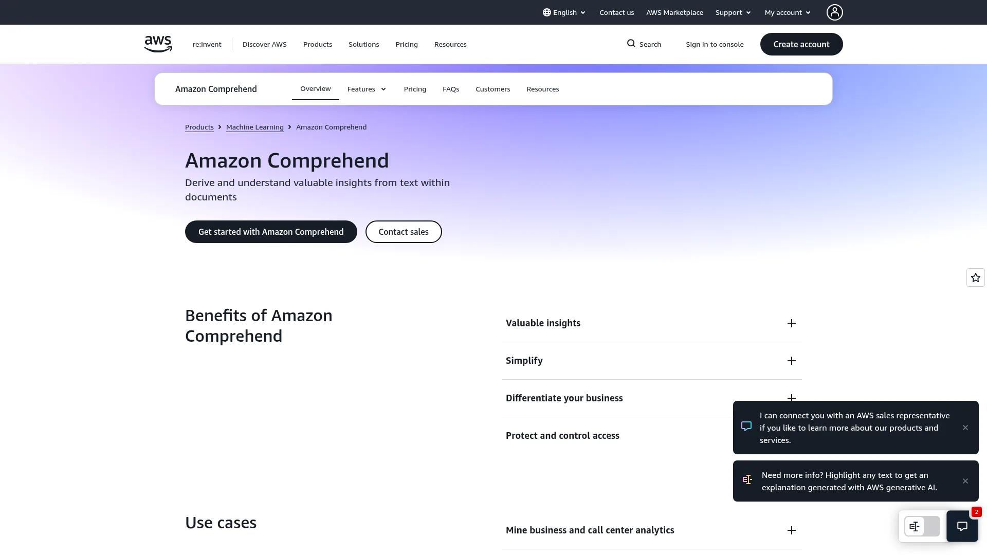 Amazon Comprehend page
