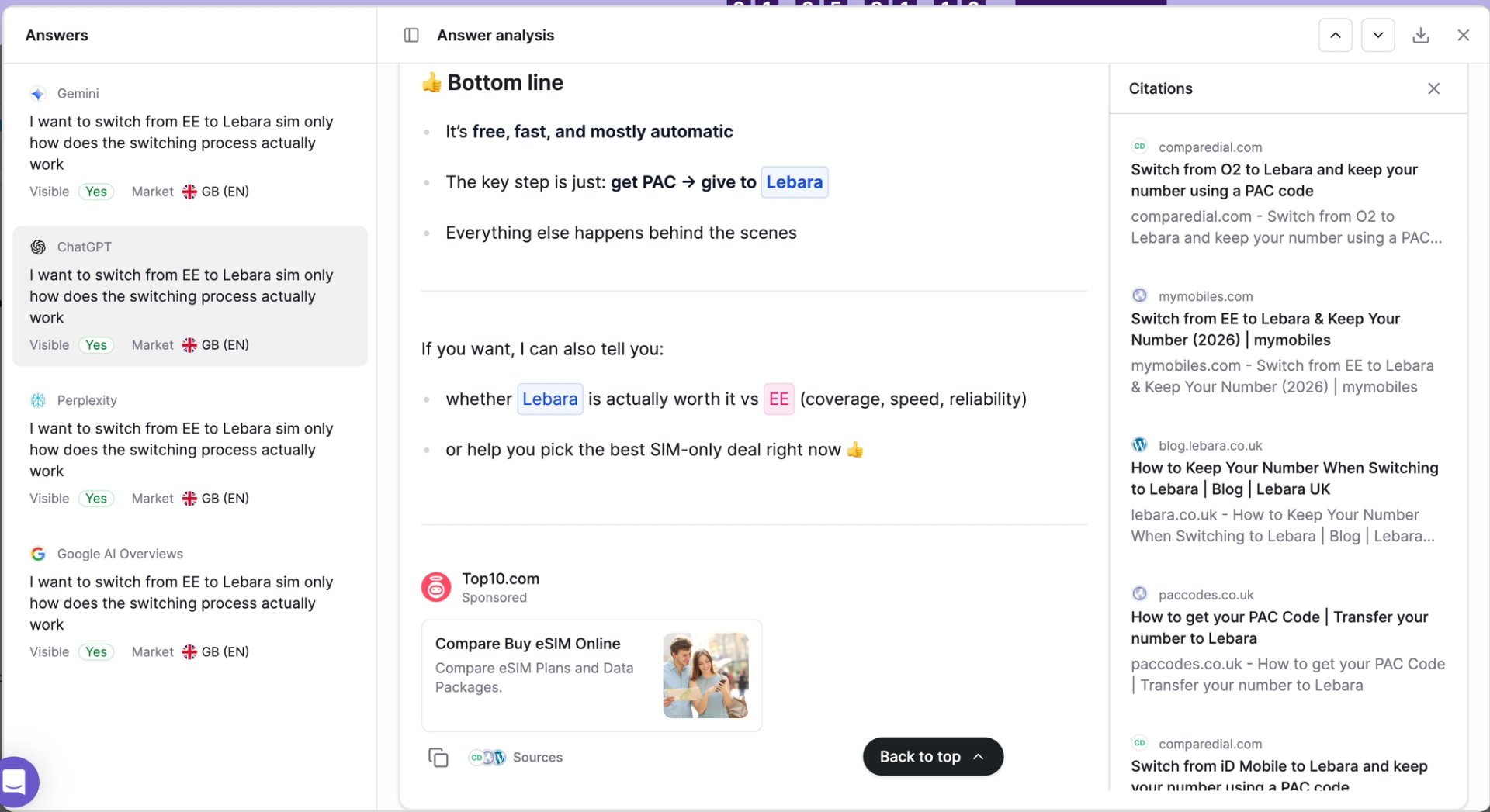 A Top10.com sponsored placement inside ChatGPT, served on a UK query about switching mobile carriers. UK ad penetration sits at 0.6% overall, but high-commercial-intent prompts like this still trigger paid placements.