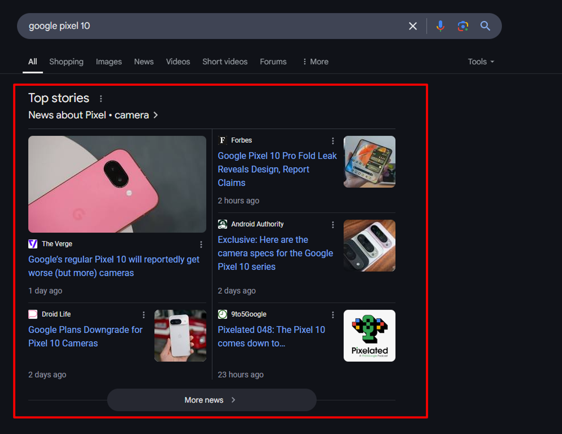 Top Stories is a SERP feature that displays the top news articles related to the given topic.
