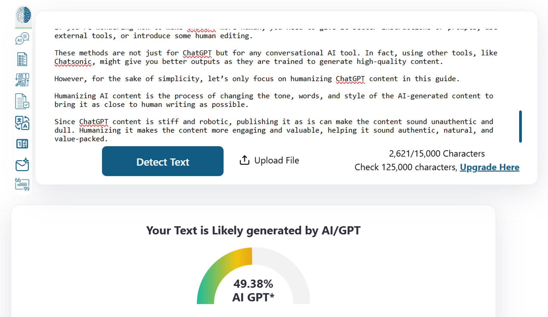 An AI content detector indicates human-written content as written by AI.