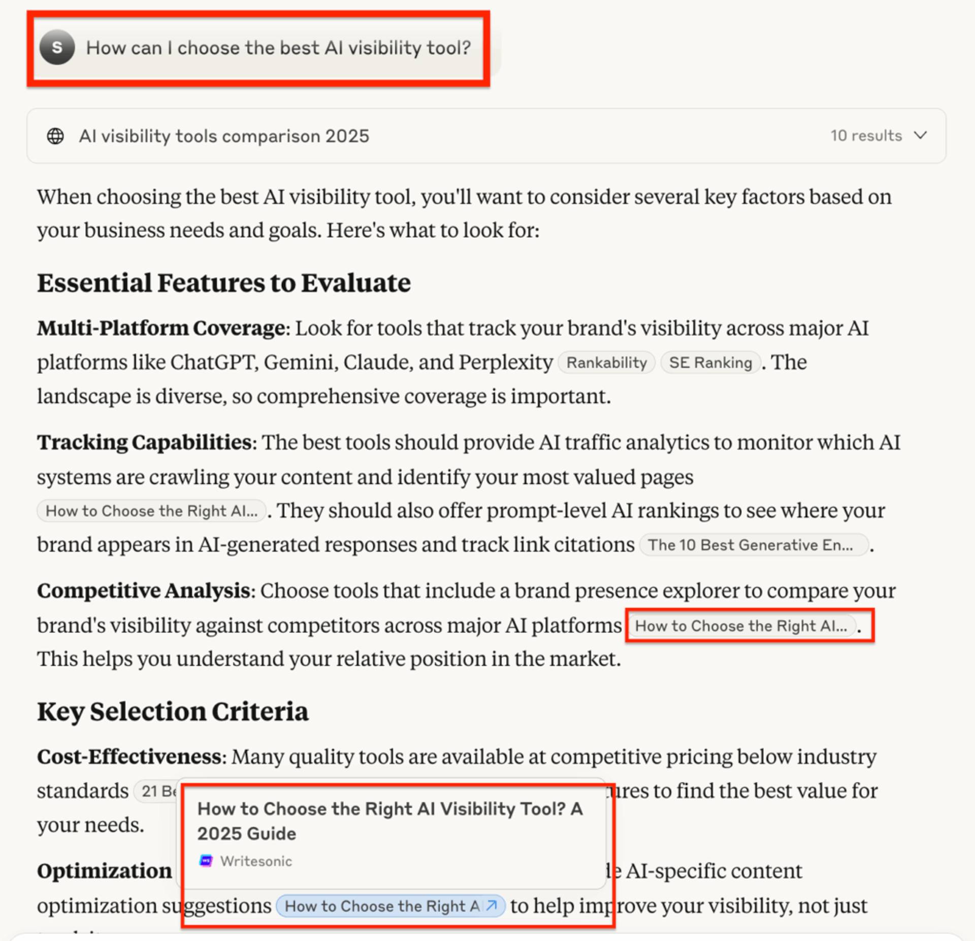 Example of AI search results from Claude showing how LLM seeding works. 
