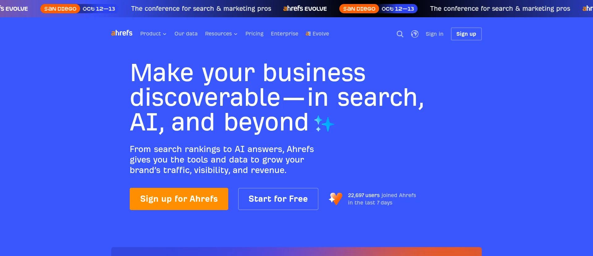 Hero section of Ahrefs website promoting AI-enhanced SEO tools and calls to action.