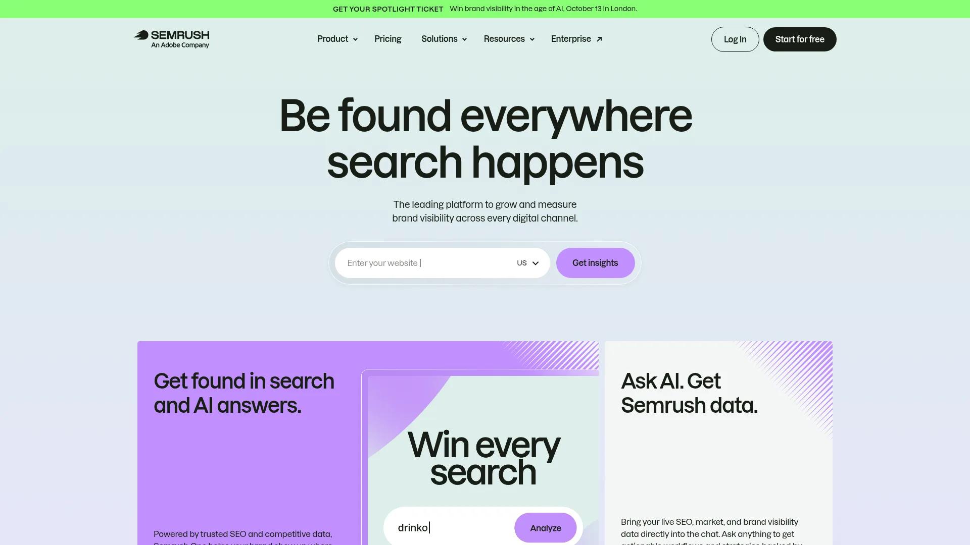 Semrush homepage showing headline, search input, and AI-focused SEO panels highlighting AI tracking features.