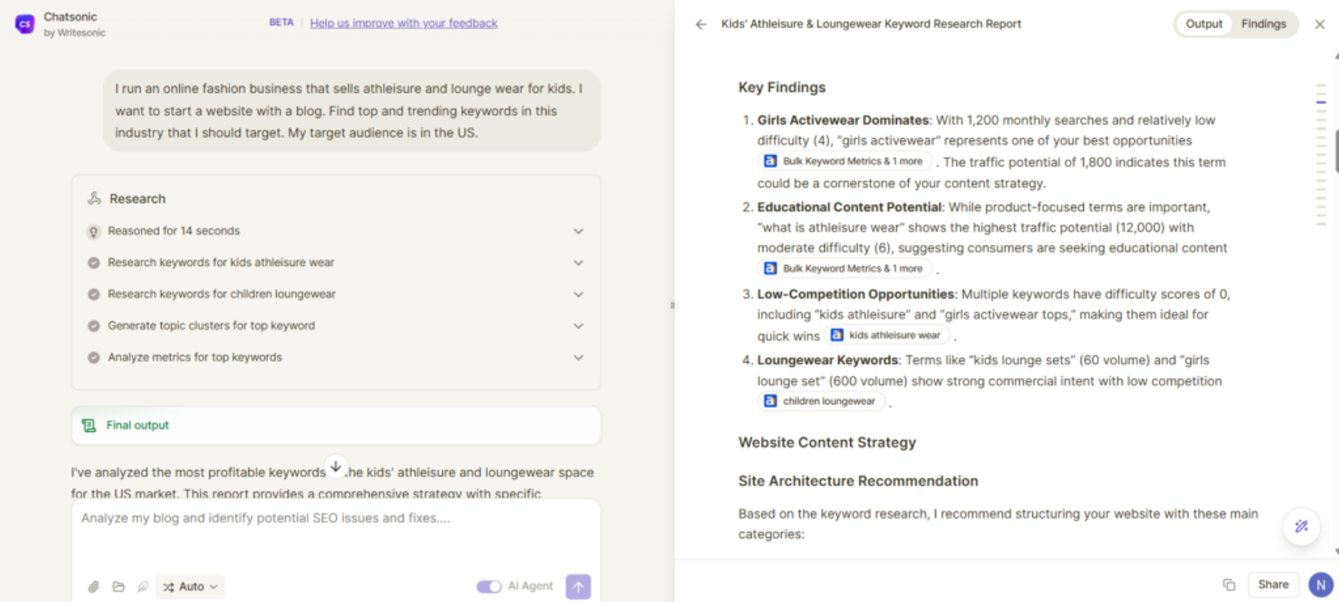 Chatsonic gives a complete keyword research report with actionable insights.