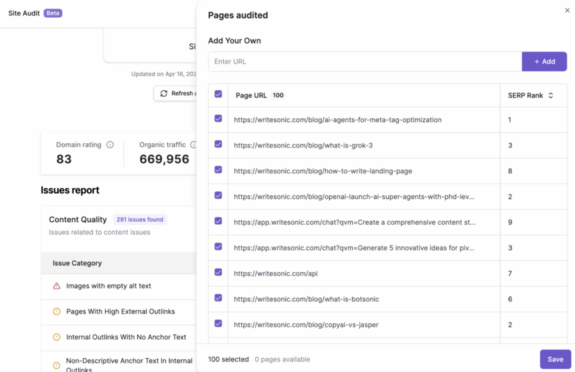 Writesonic site audit tool for content audit website crawling