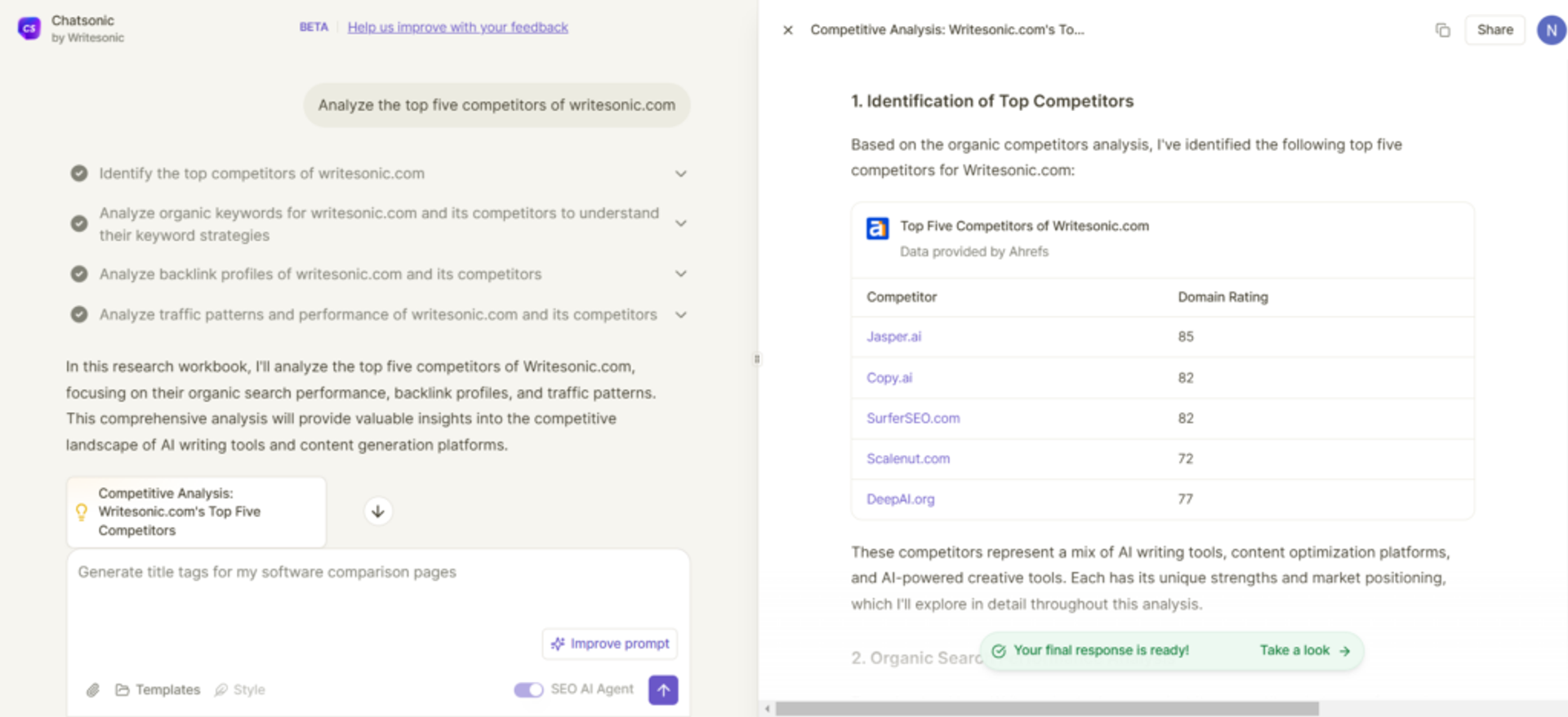 The SEO AI agent generates a research report including all the data.