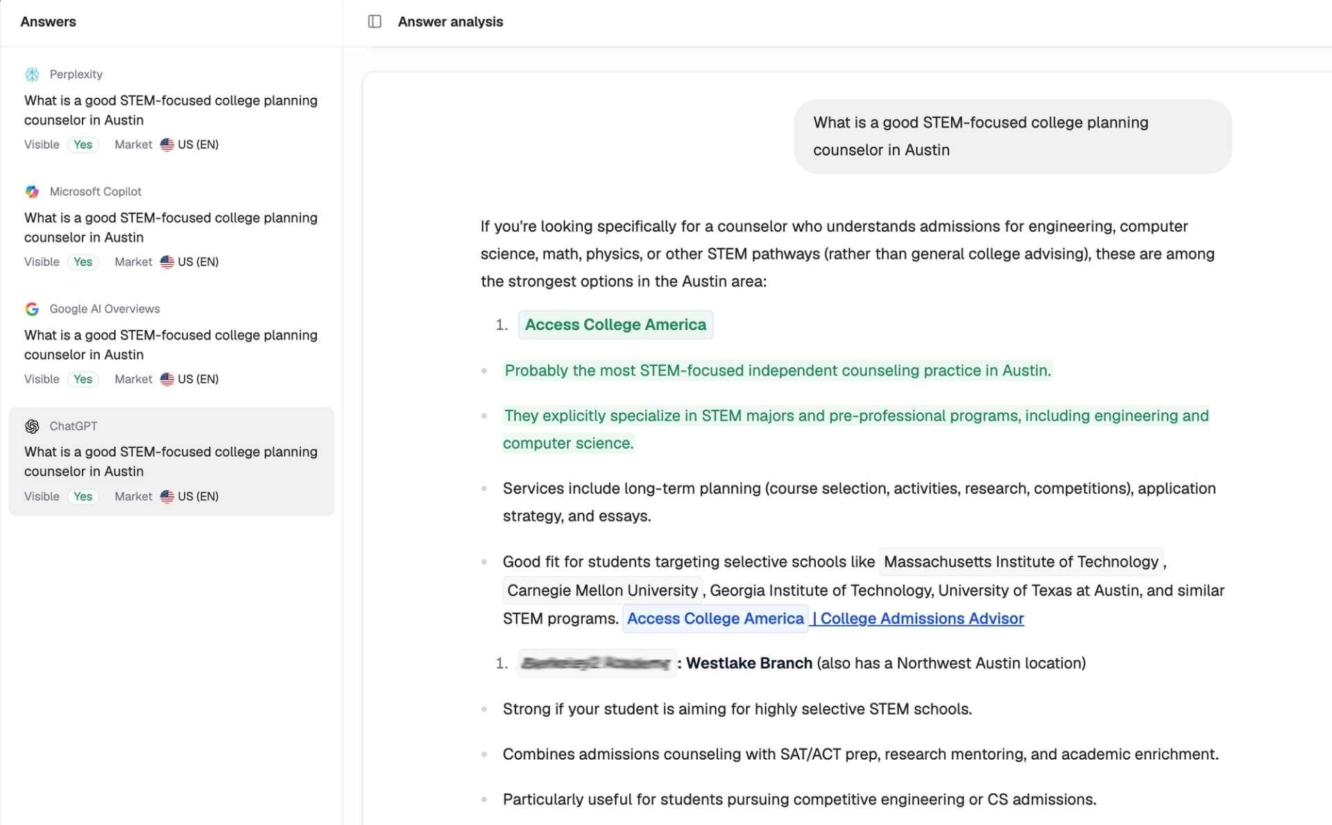 ChatGPT response listing Access College America for a query about STEM-focused college planning counselors in Austin.