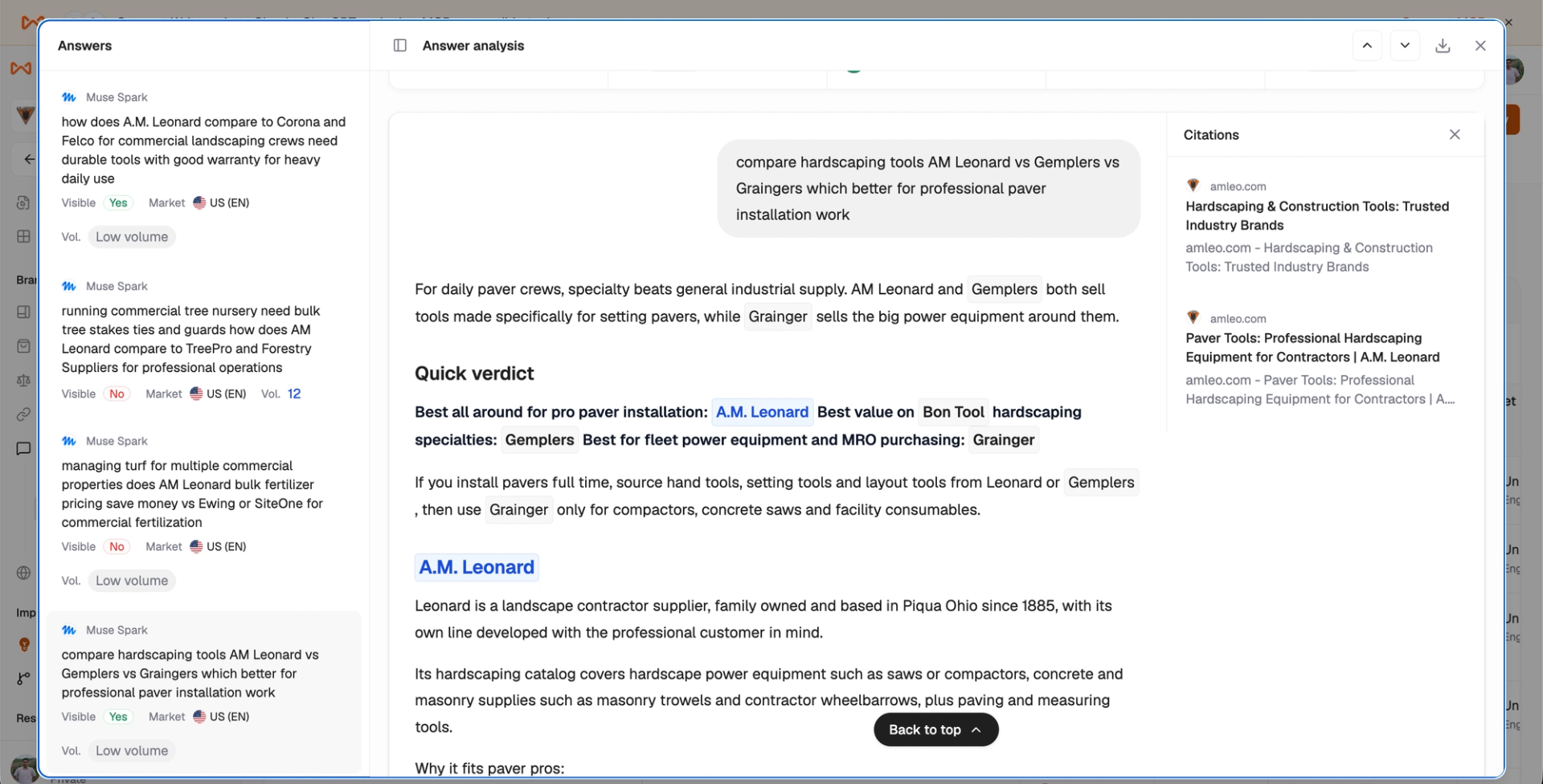 Muse Spark supplier comparison in Writesonic, with citations to A.M. Leonard’s hardscaping and paver tool pages.