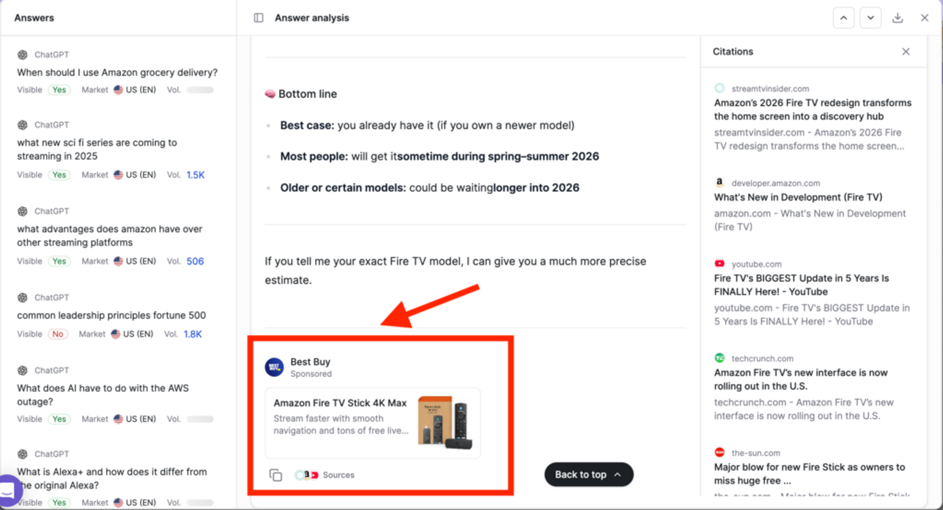 ChatGPT interface showing sponsored ad placement within an AI-generated response