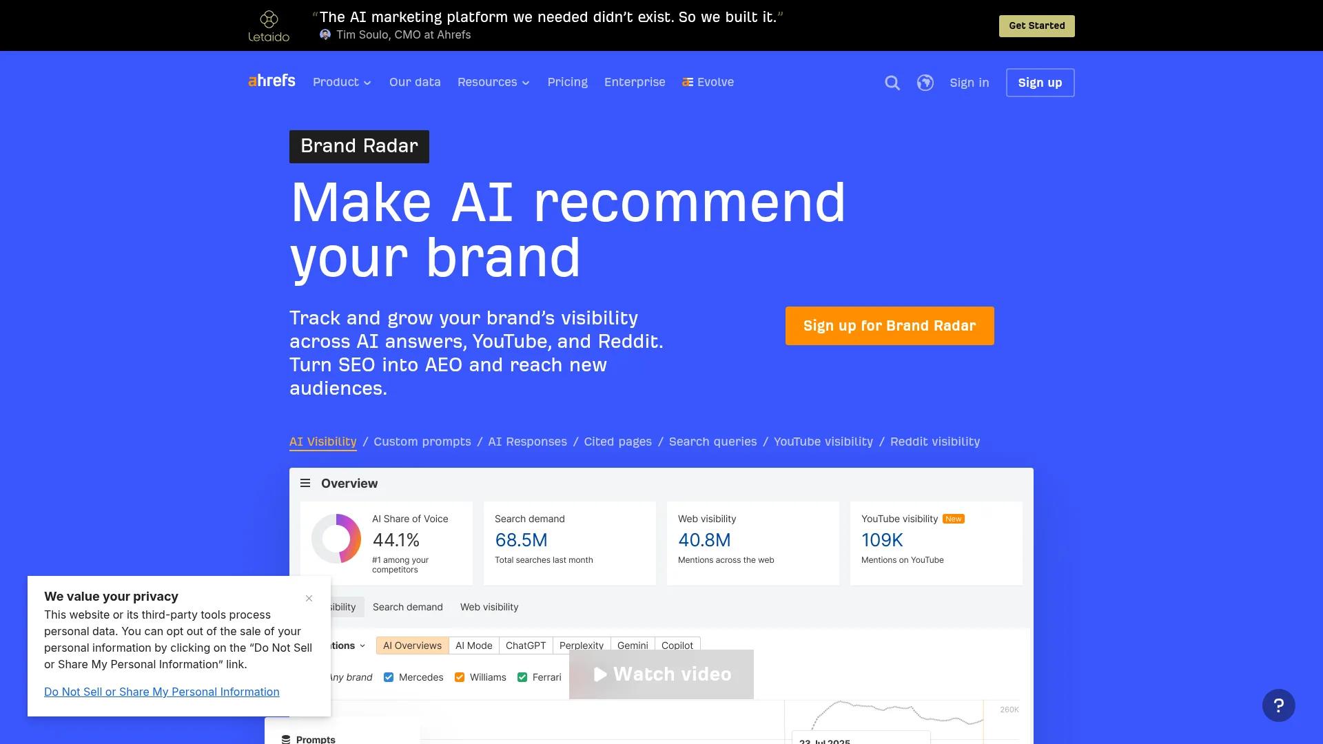 Ahrefs Brand Radar page
