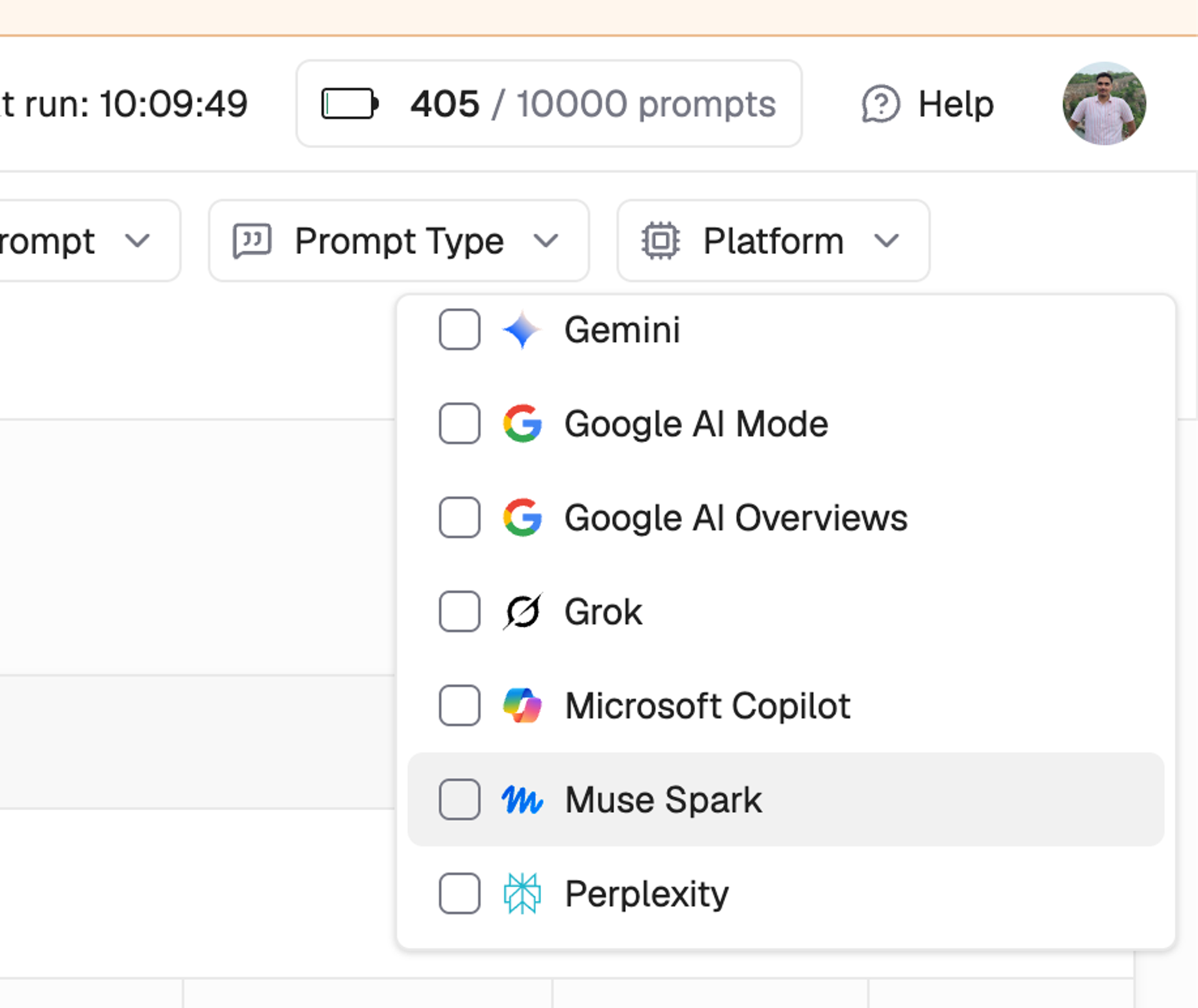 Writesonic’s Platform filter showing Muse Spark alongside other supported AI platforms.