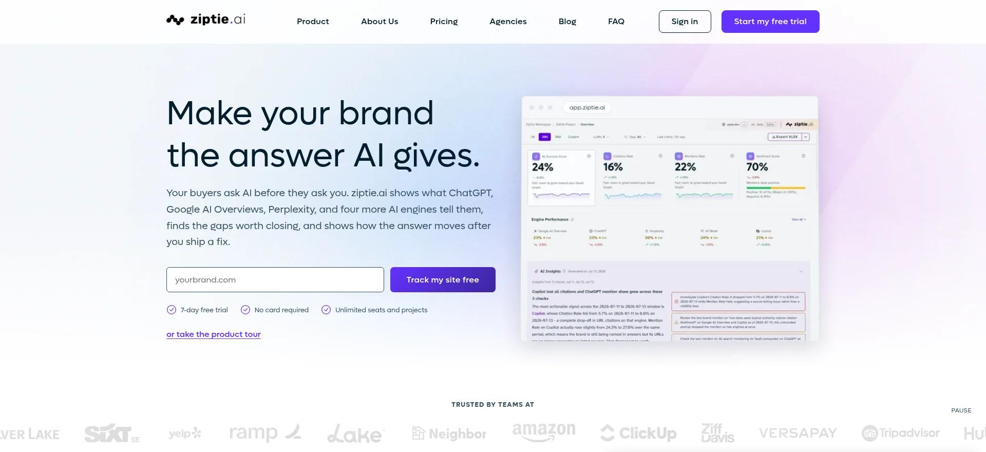 Website dashboard showing ZipTie AI metrics and content insights for tracking AI search answers.