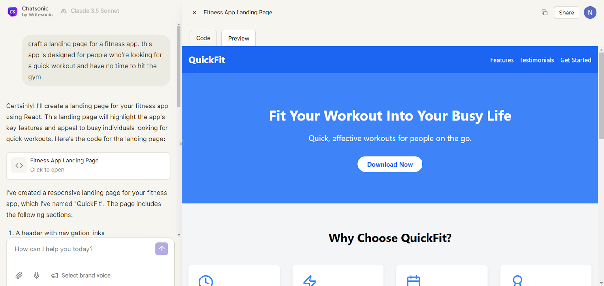 Create landing pages using Chatsonic as part of your AI content marketing strategy.
