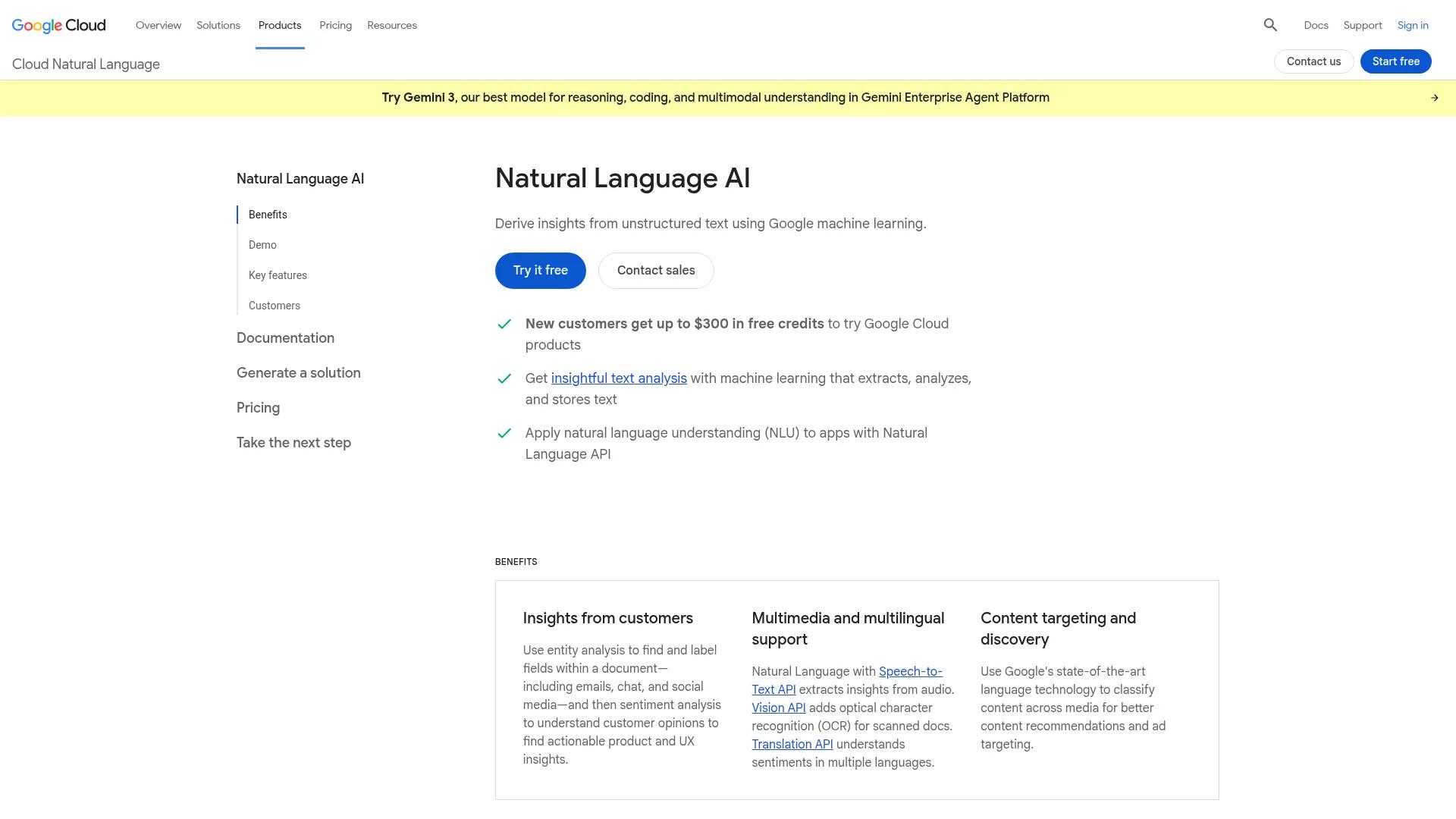 Google Cloud Natural Language page