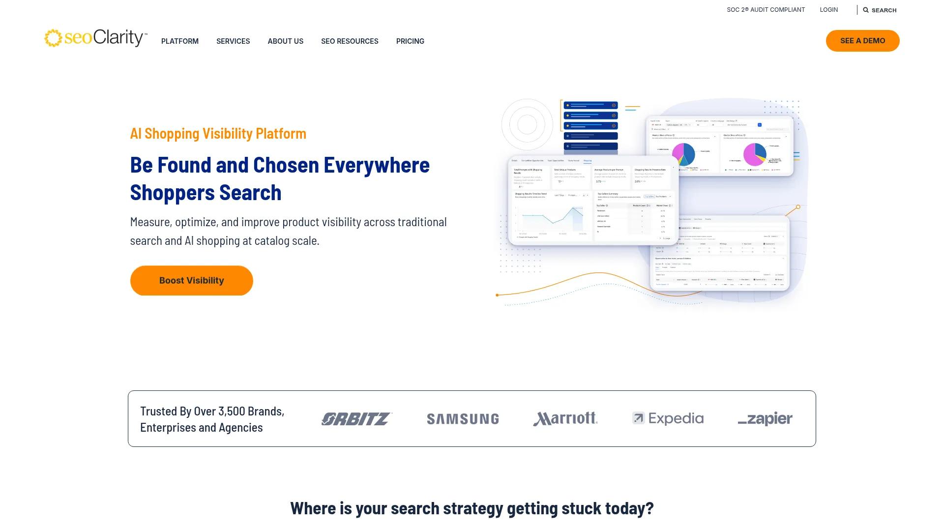 Landing page hero with headline, call-to-action button, and dashboard mockups showing analytics widgets.