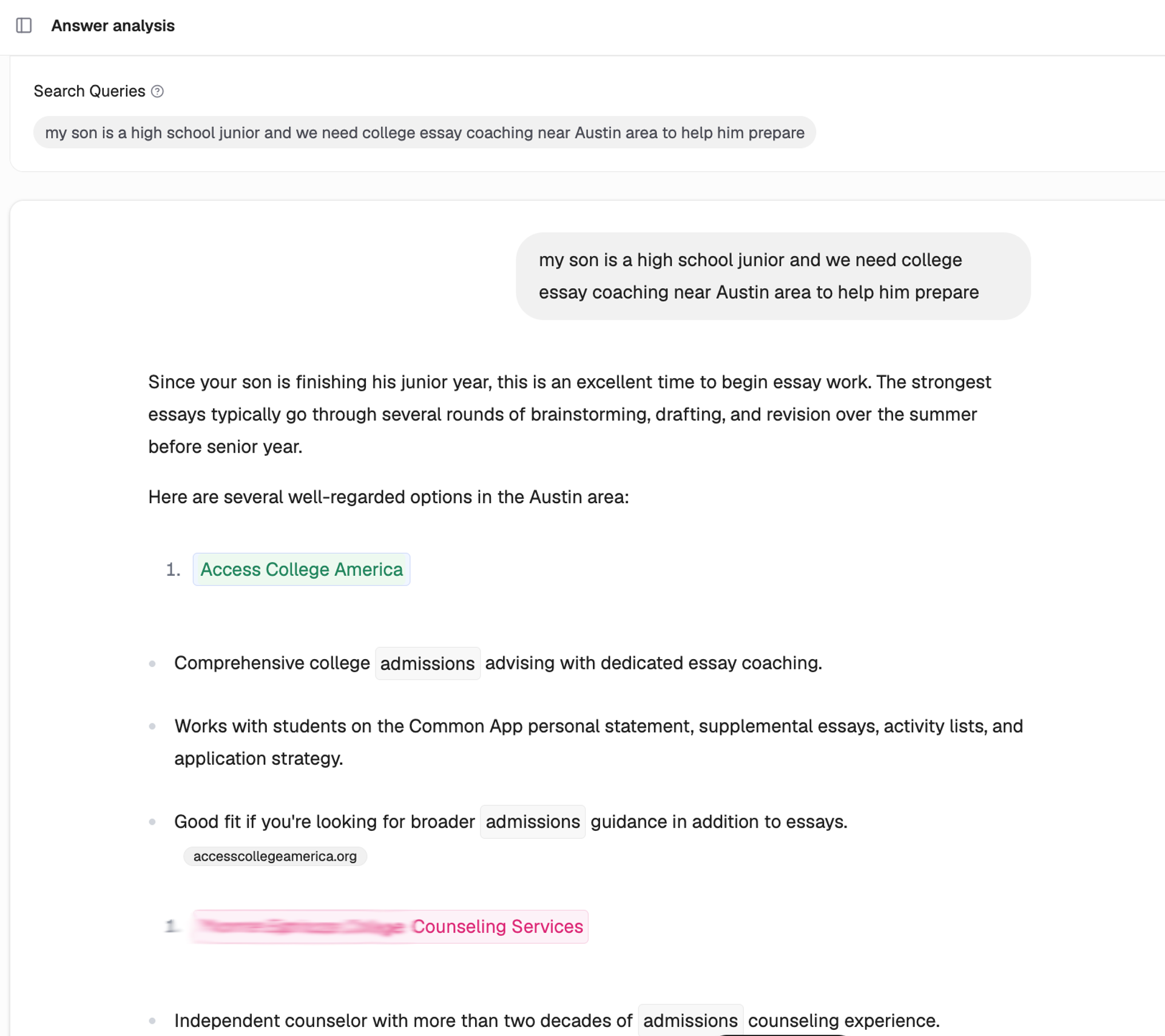 ChatGPT response recommending Access College America to a parent seeking college essay coaching near Austin.
