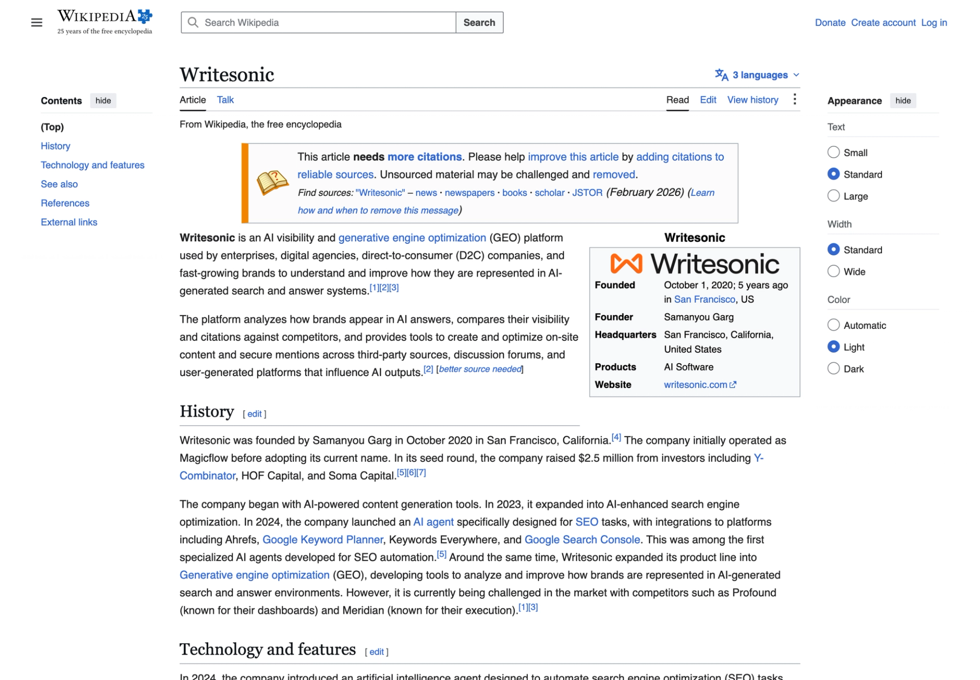 Our Wikipedia article today