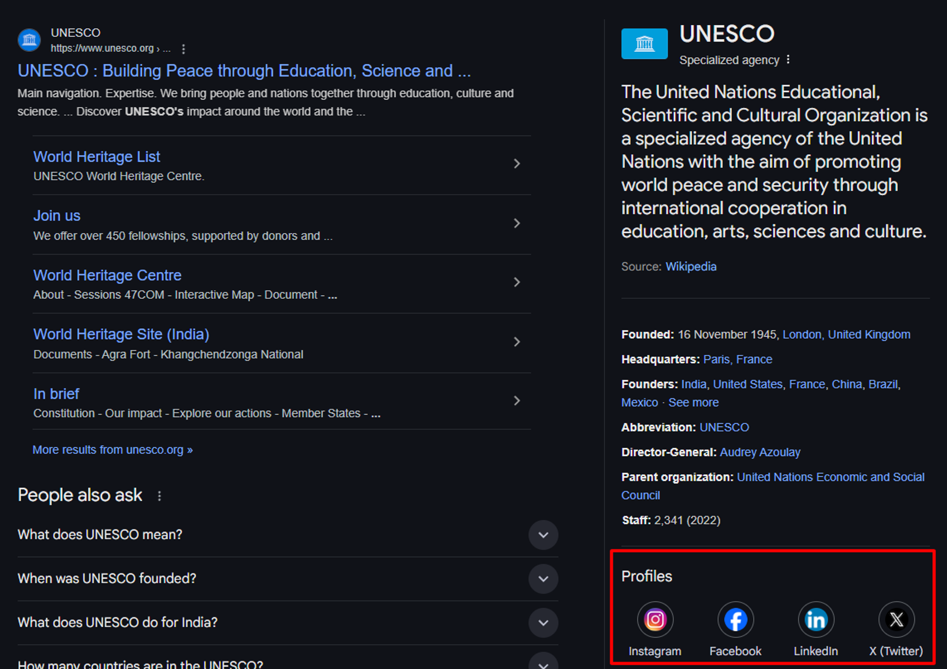 To appear in the Knowledge box, make sure you have active social media handles.