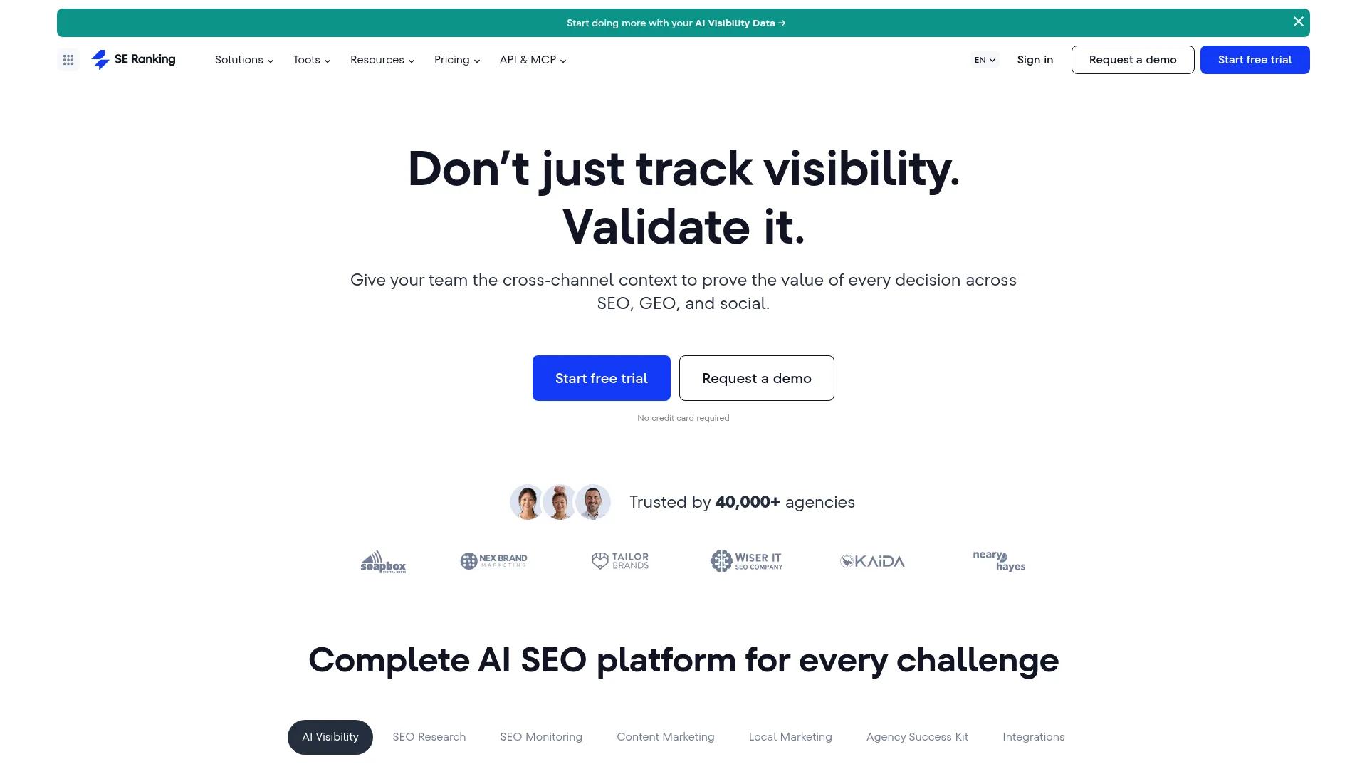 Homepage hero showing SE Ranking's headline, CTA buttons, and trust badges to highlight platform value.