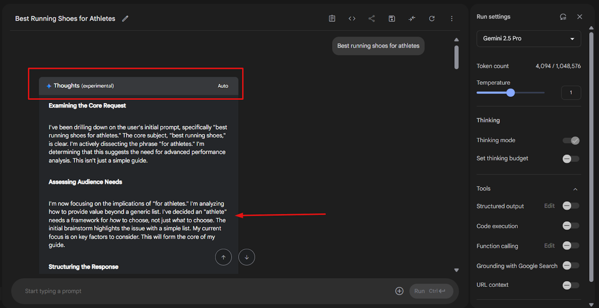 Check the thinking pattern of Gemini 2.5 as Google's AI Mode is based on Gemini itself.