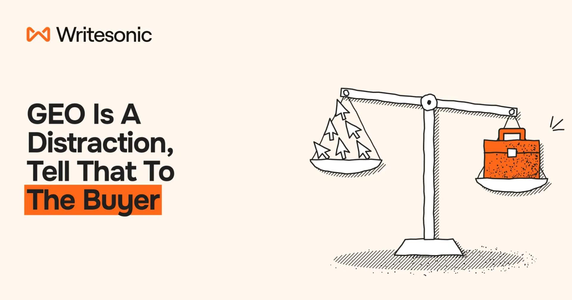 "GEO Is a Distraction, Tell That to the Buyer” banner with scales showing a briefcase outweighing mouse cursors.