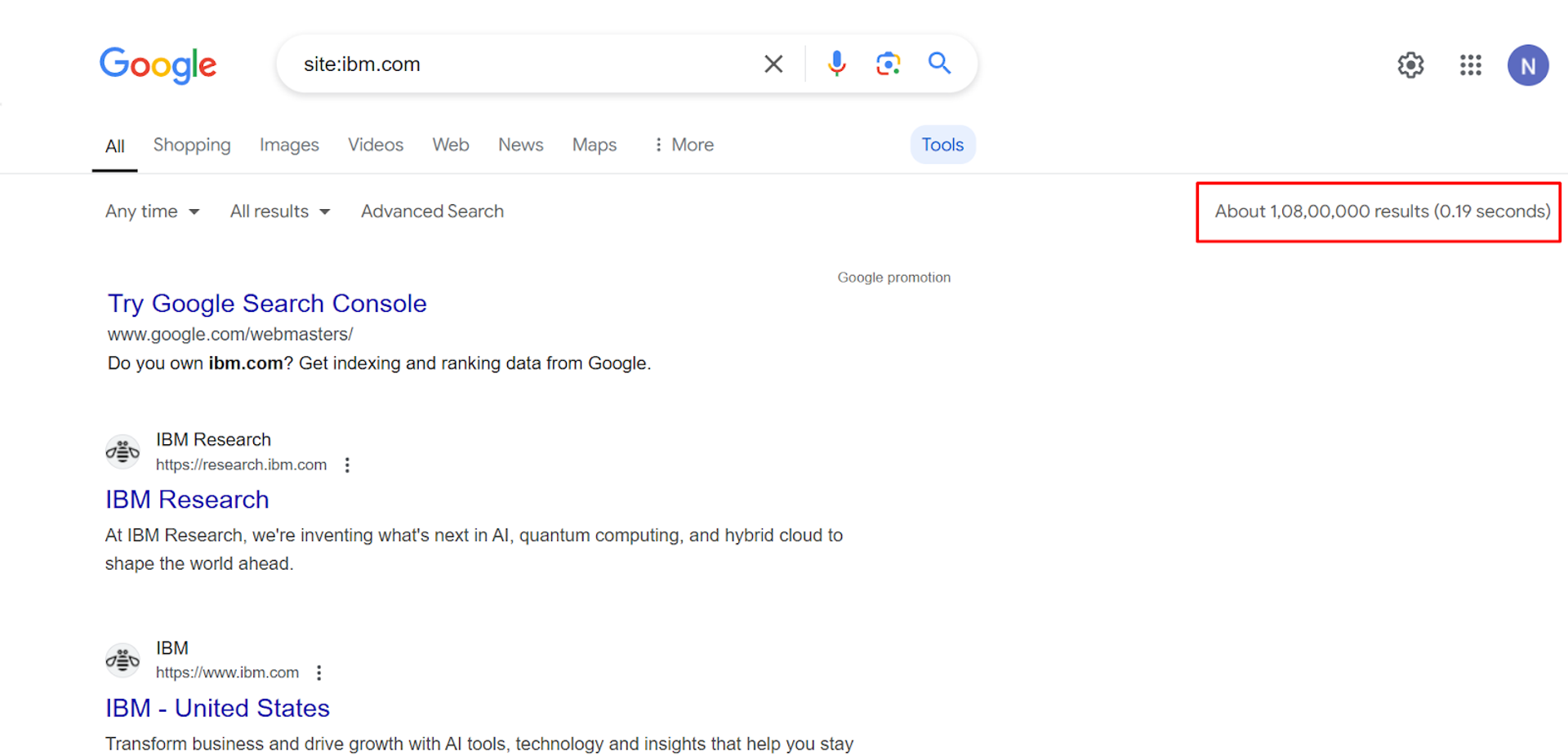 IBM enterprise website showing over 10 million indexed pages on Google.