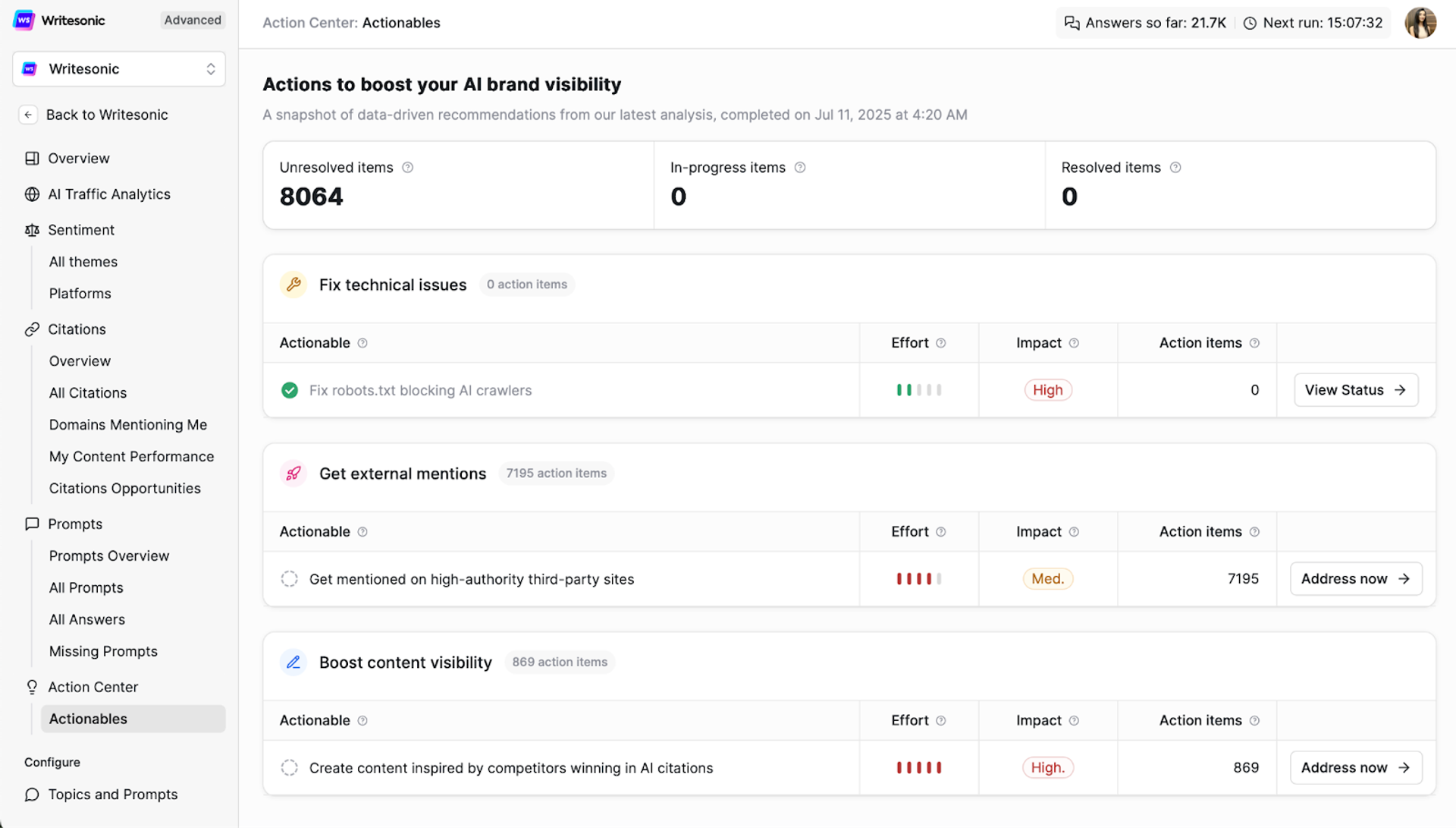 Action Center - Writesonic - Enterprise GEO Platform Buying Guide
