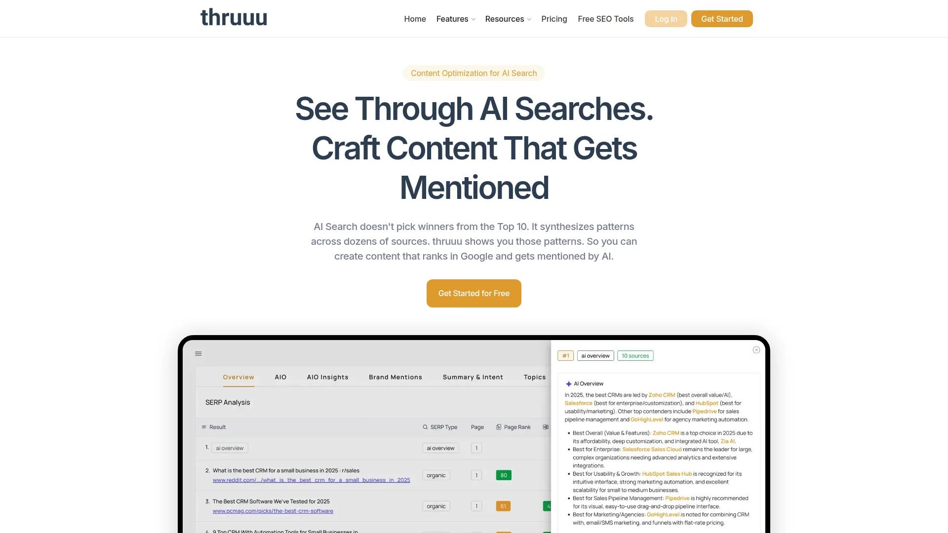 Hero headline and partial dashboard showing AI search insights and content optimization tools.