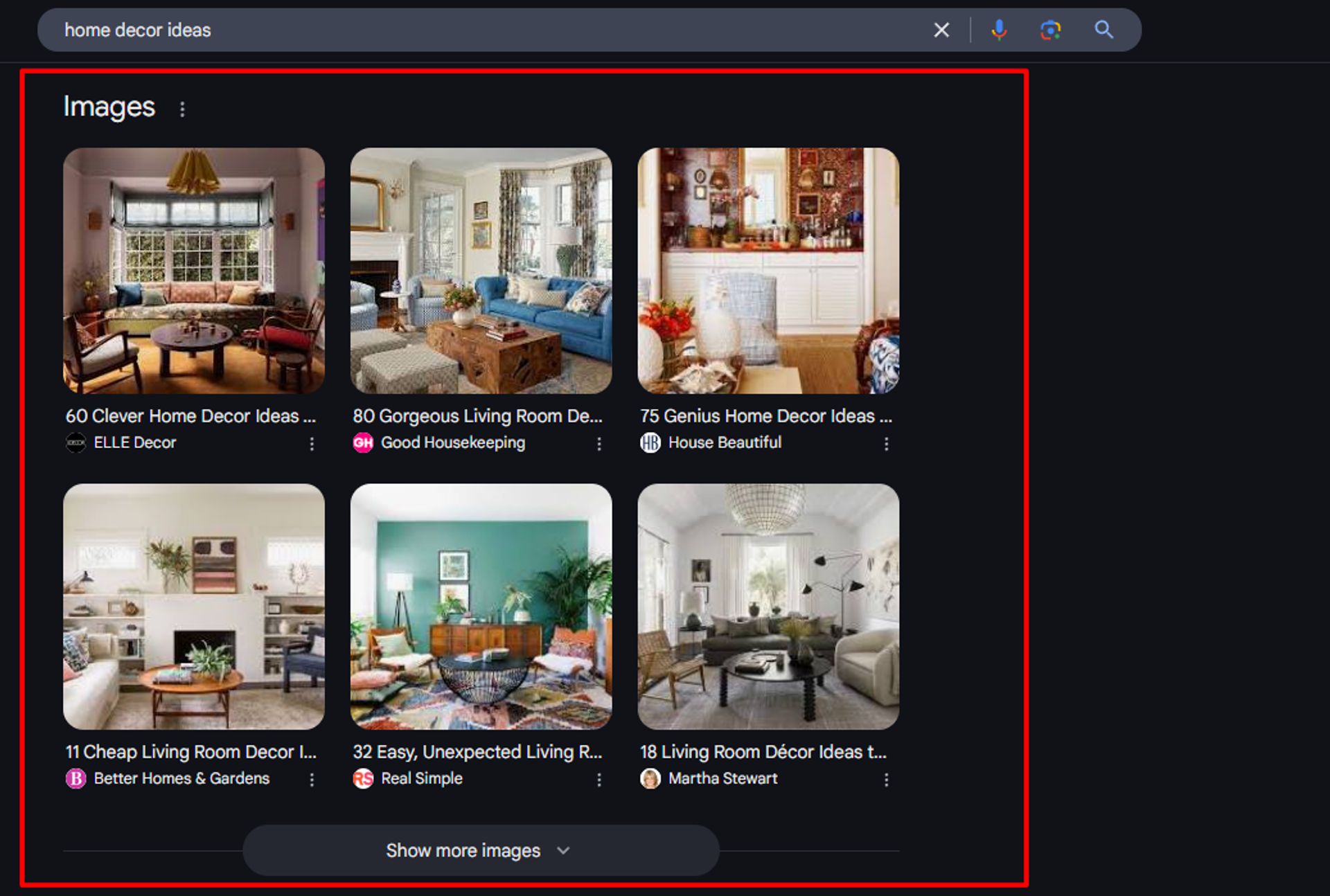 Image packs display images from related articles and websites.
