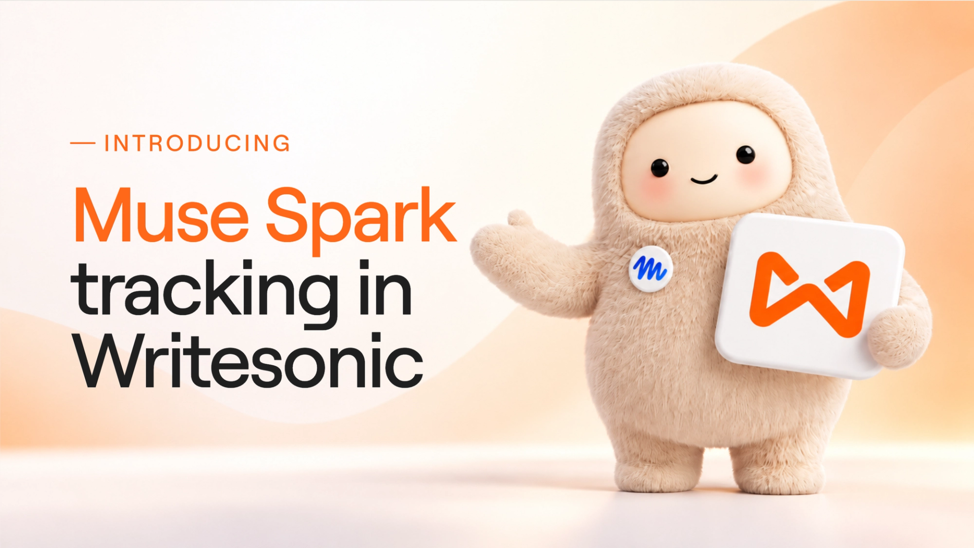 Introducing Muse Spark tracking in Writesonic, with the Muse mascot wearing a Muse badge and holding a Writesonic logo tile.